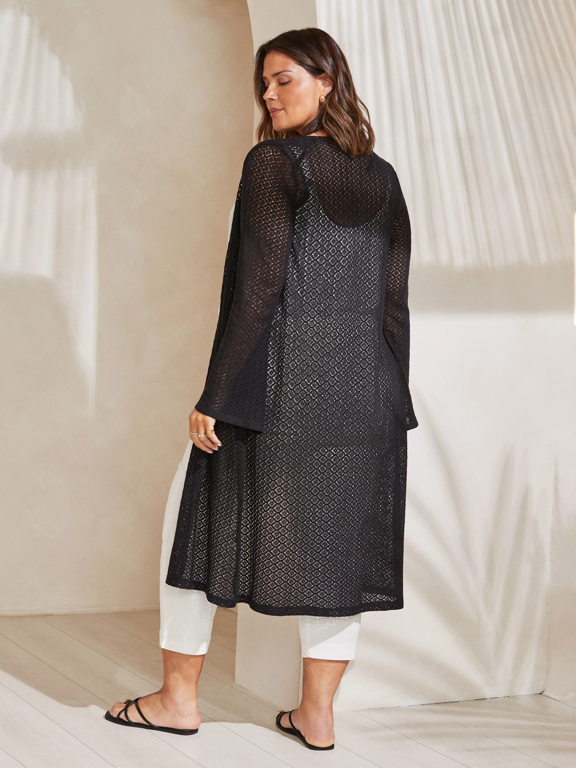 Black Longline Crochet Knit Cardigan - Image 4