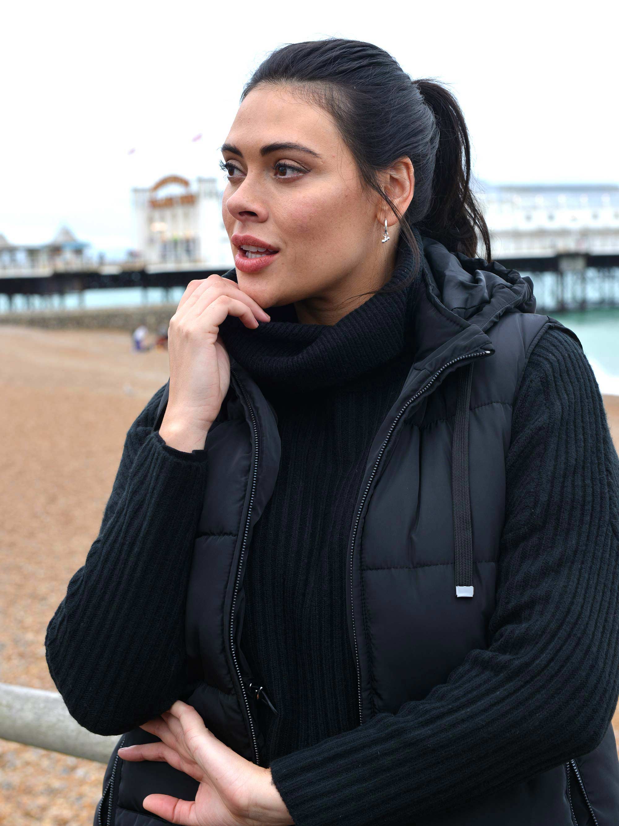 Black Longline Padded Gilet - Image 3