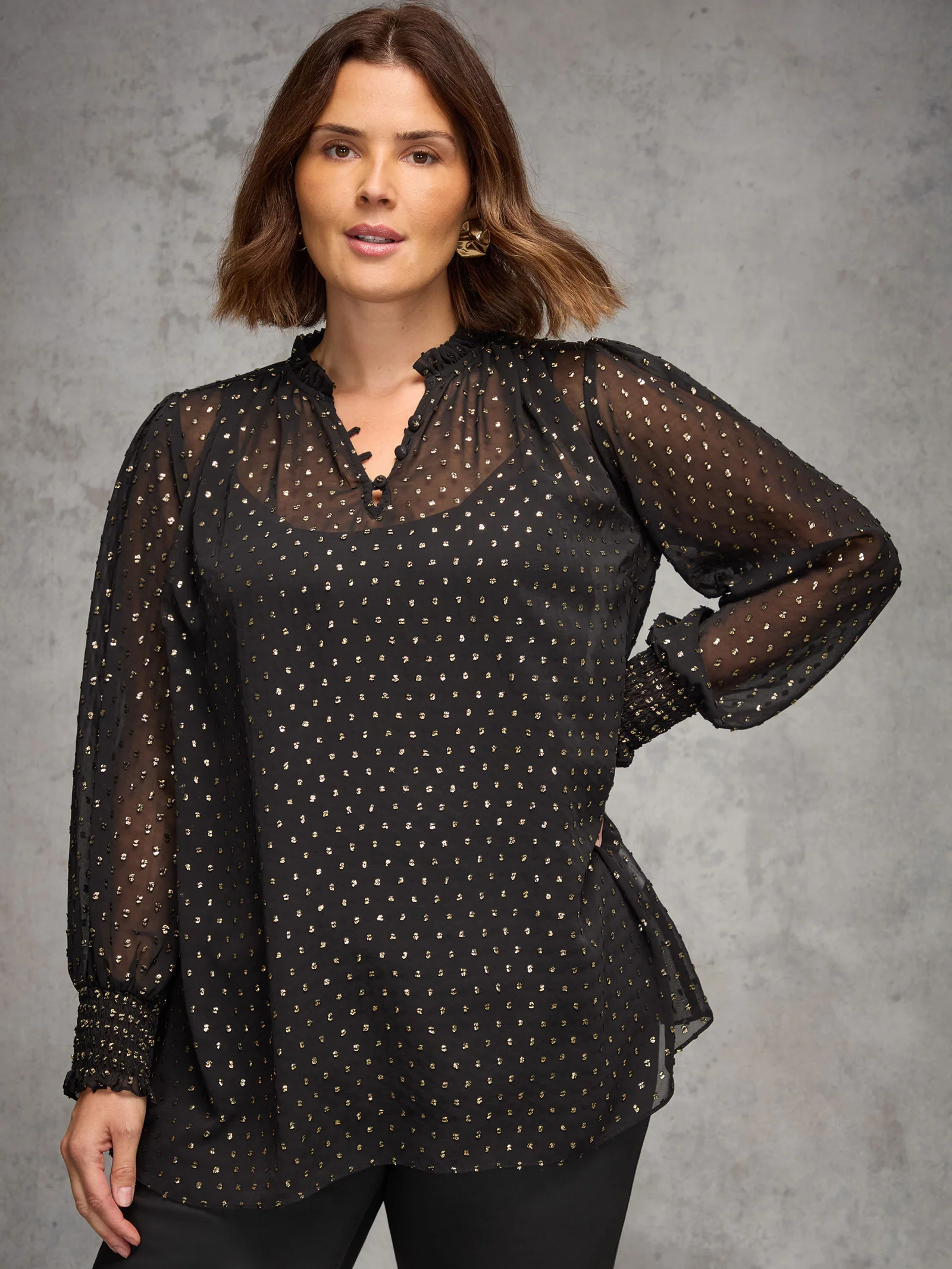 Black Metallic Spot Shirred Cuff Blouse