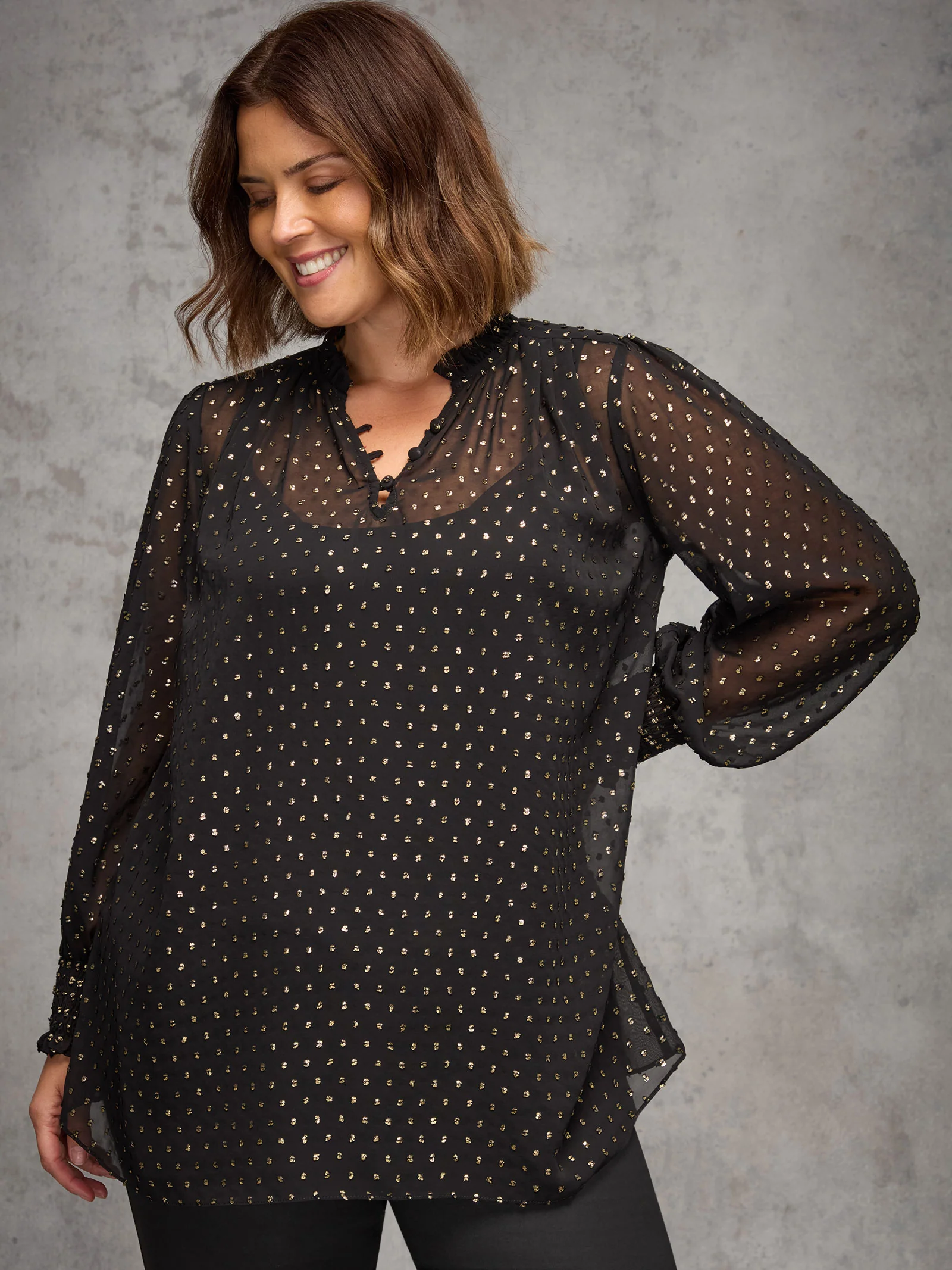Black Metallic Spot Shirred Cuff Blouse - Image 3