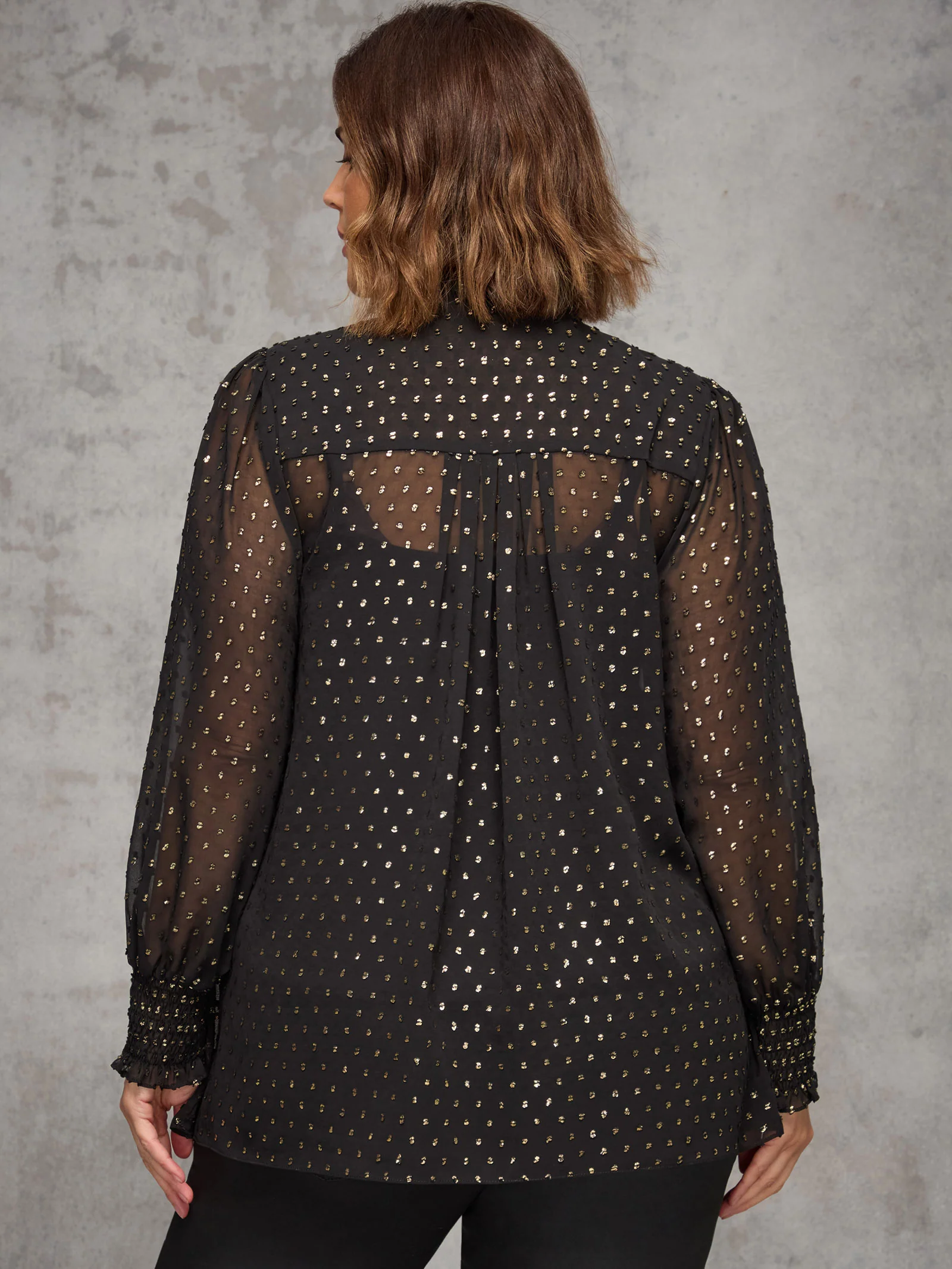 Black Metallic Spot Shirred Cuff Blouse - Image 5