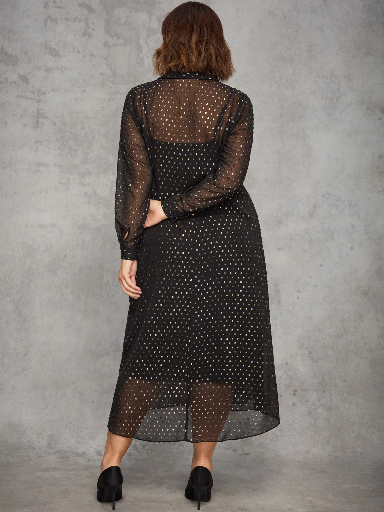Black Metallic Spot Button Through Midaxi Dress - Image 10