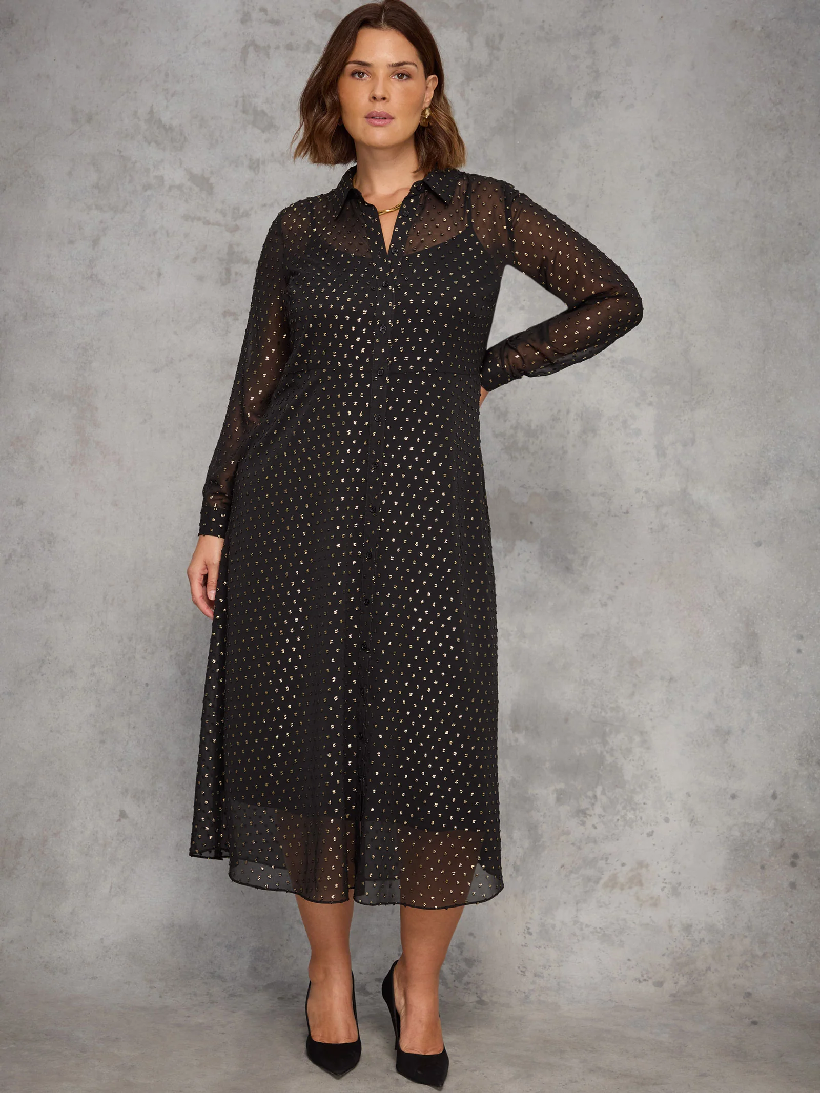 Black Metallic Spot Button Through Midaxi Dress - Image 2