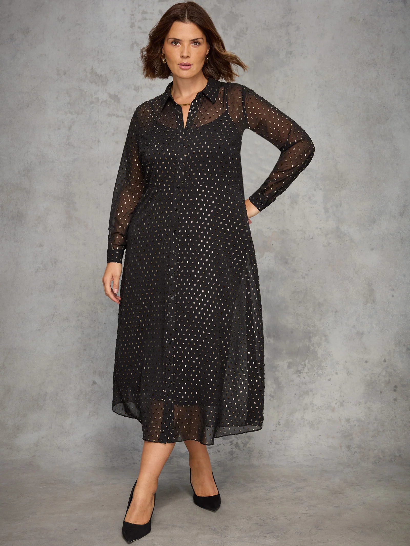 Black Metallic Spot Button Through Midaxi Dress - Image 3