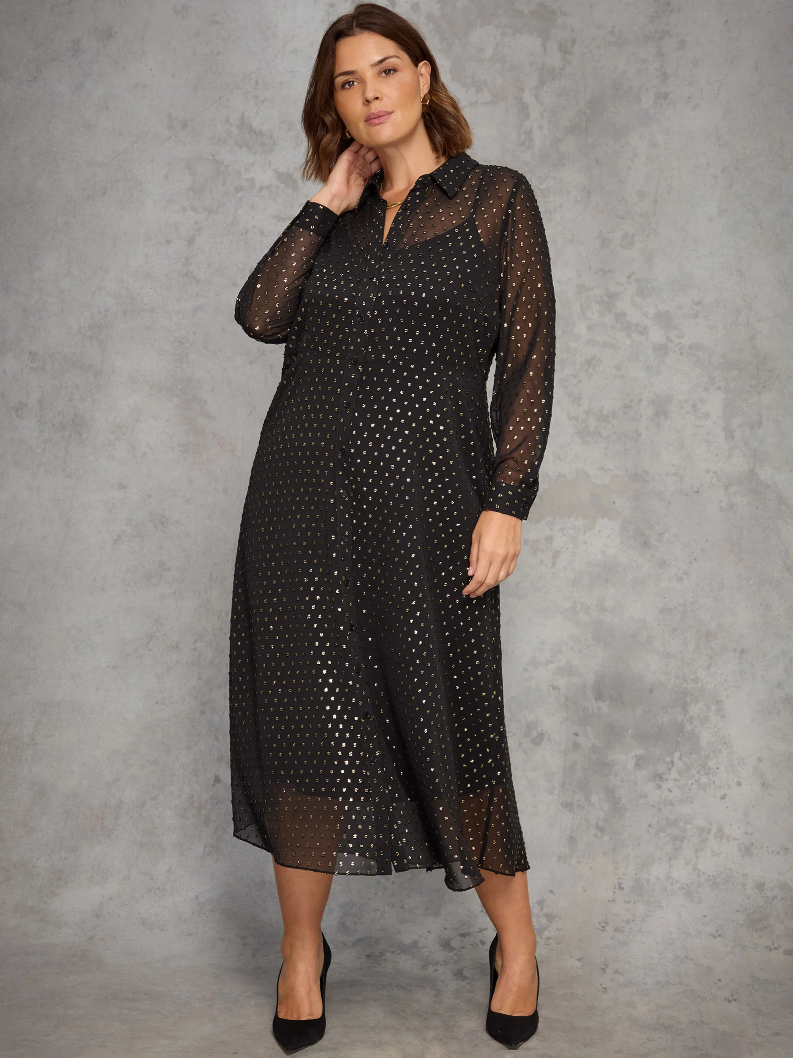Black Metallic Spot Button Through Midaxi Dress - Image 4
