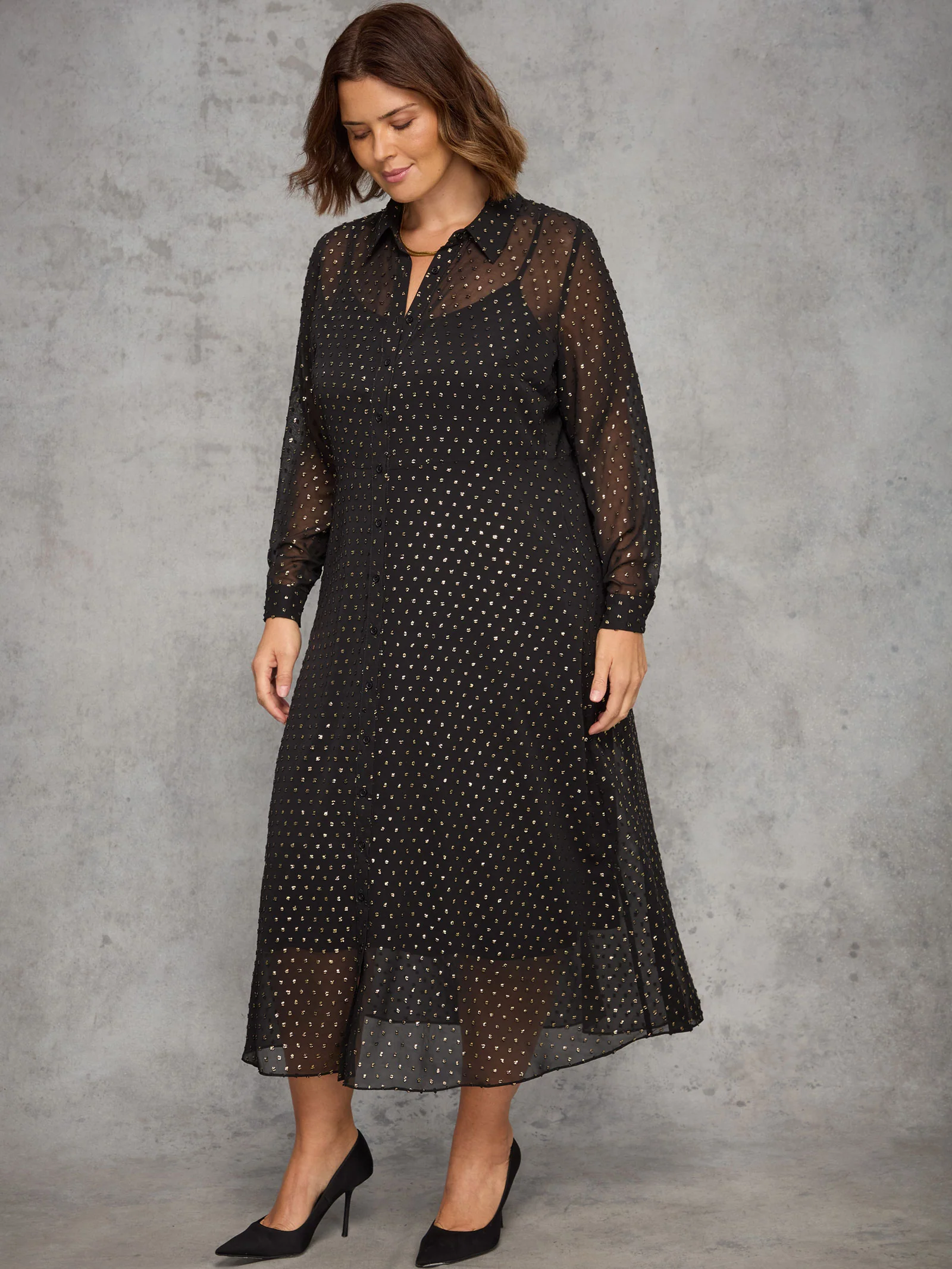 Black Metallic Spot Button Through Midaxi Dress - Image 5