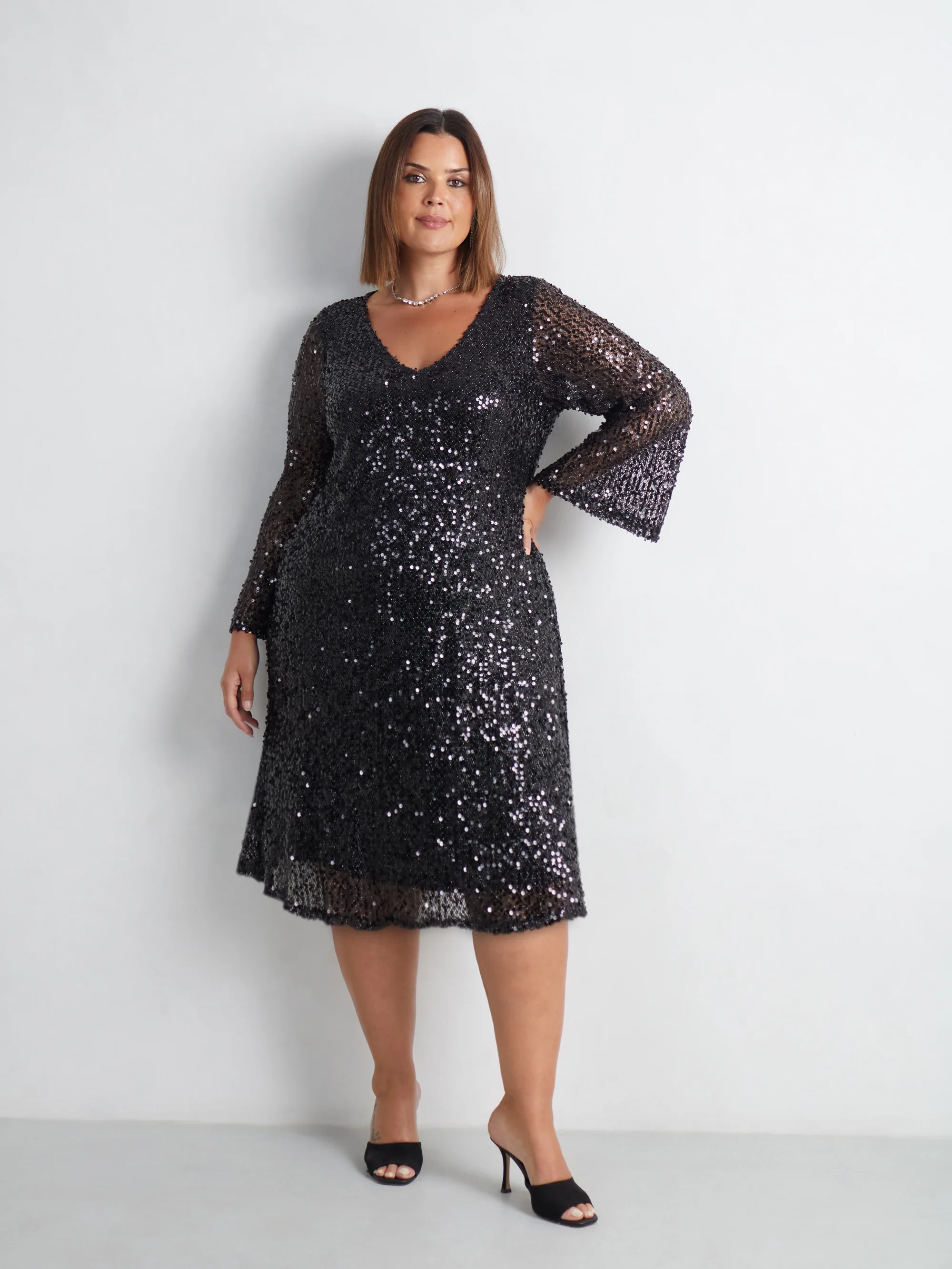 Black Mesh Sequin Long Sleeve Dress - Image 3