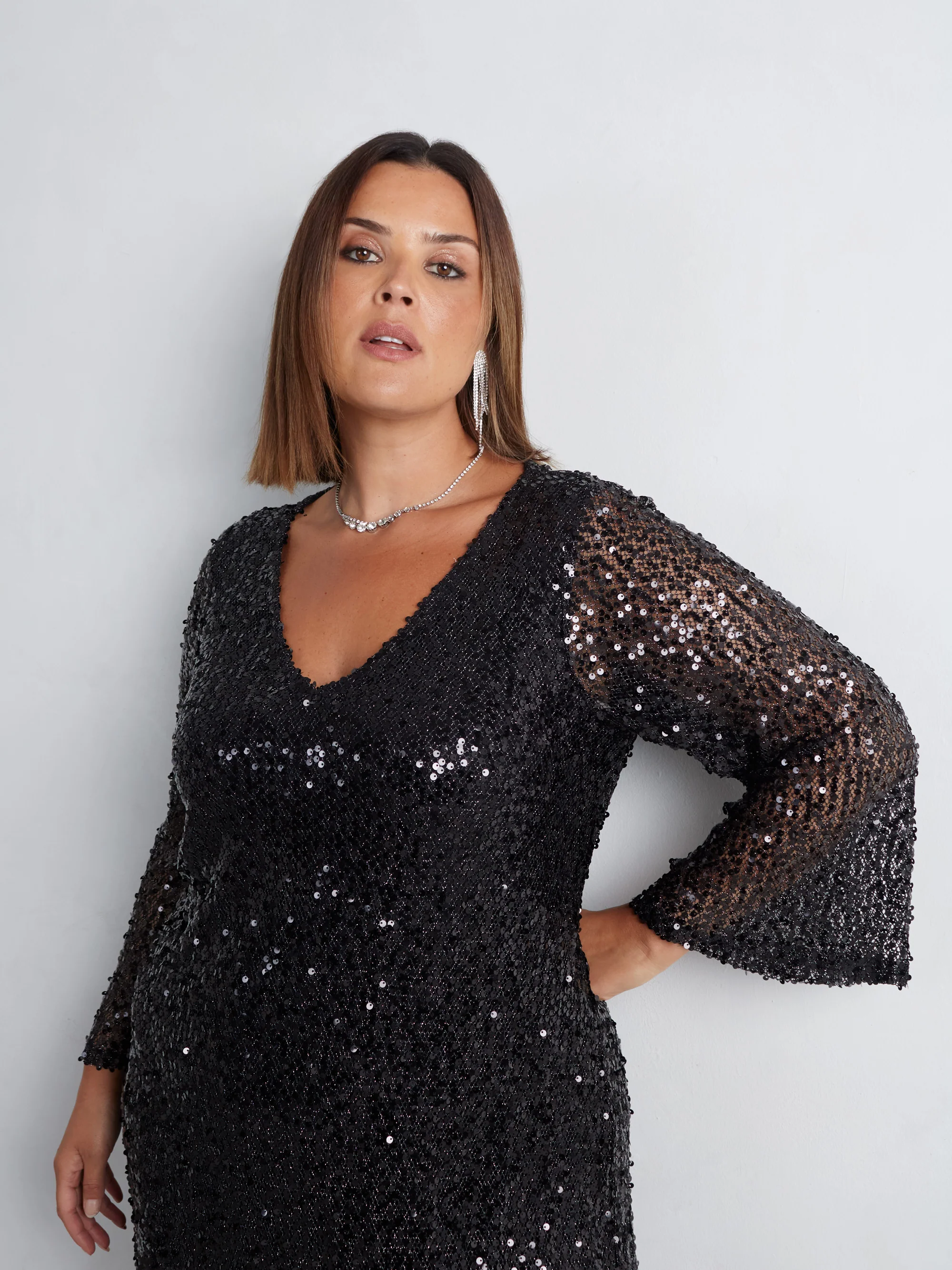 Black Mesh Sequin Long Sleeve Dress - Image 5