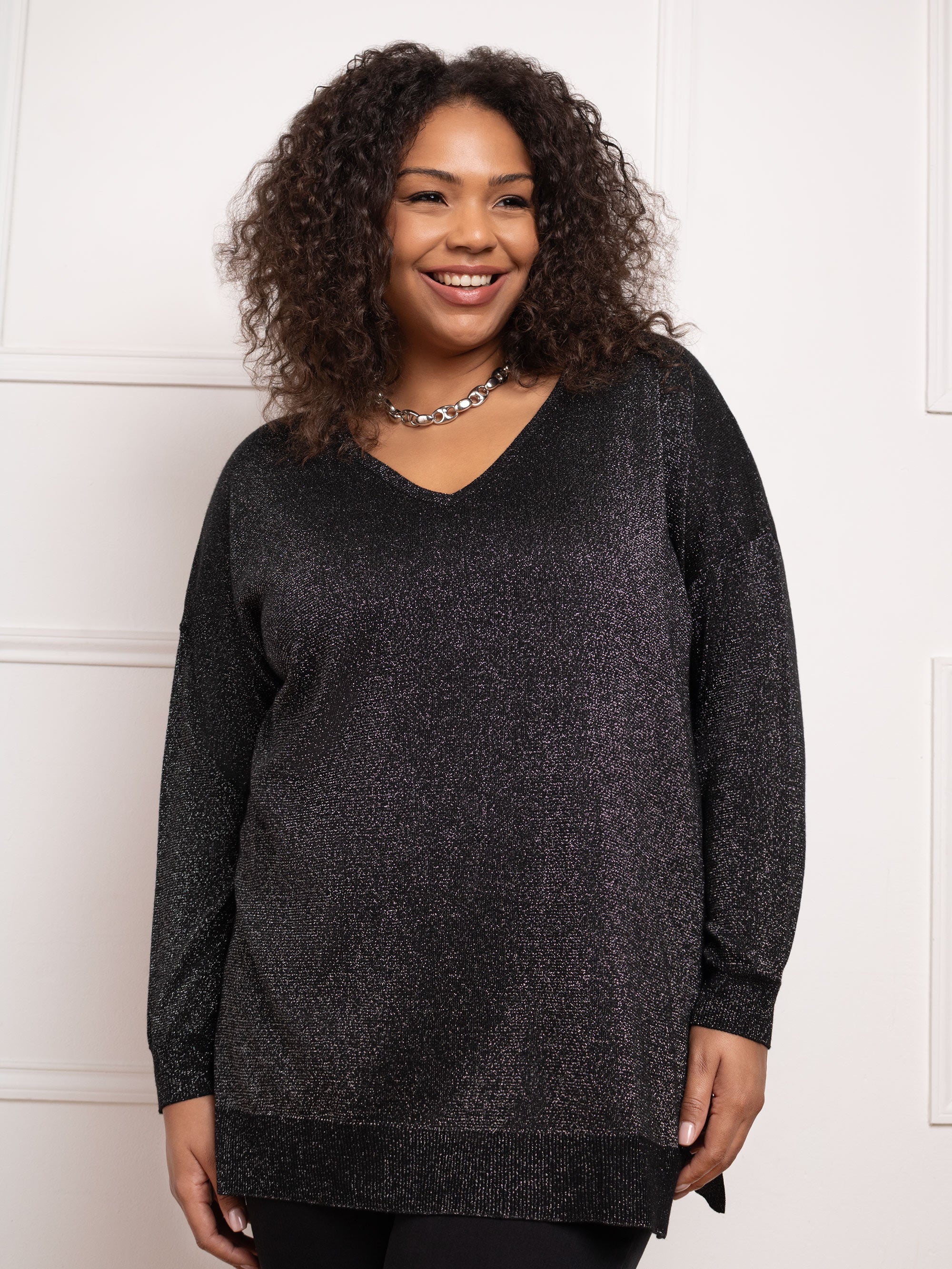 Black Metallic V-Neck Jumper - Image 5