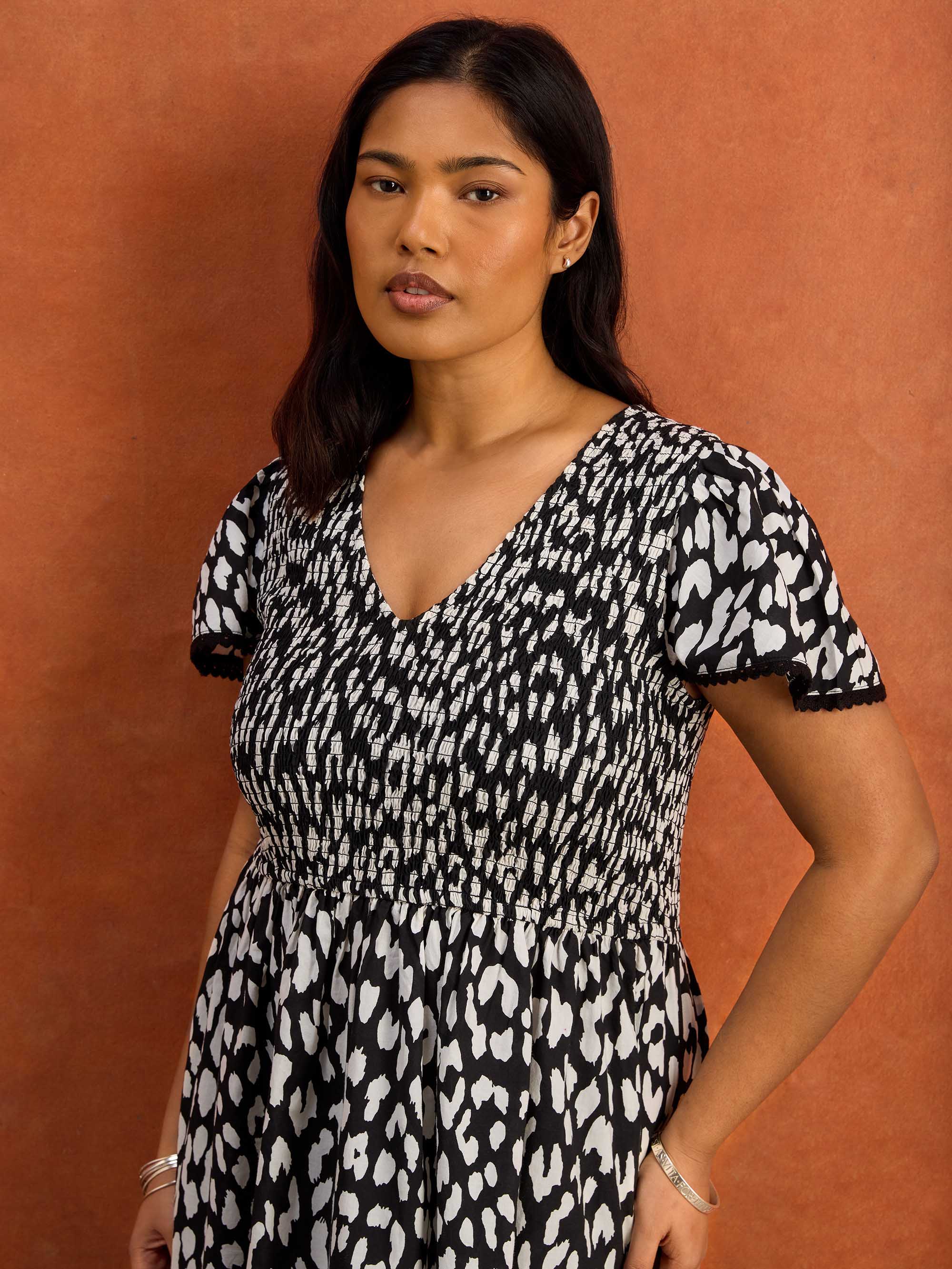 Black Mono Animal Print Shirred Cotton Midi Dress - Image 3