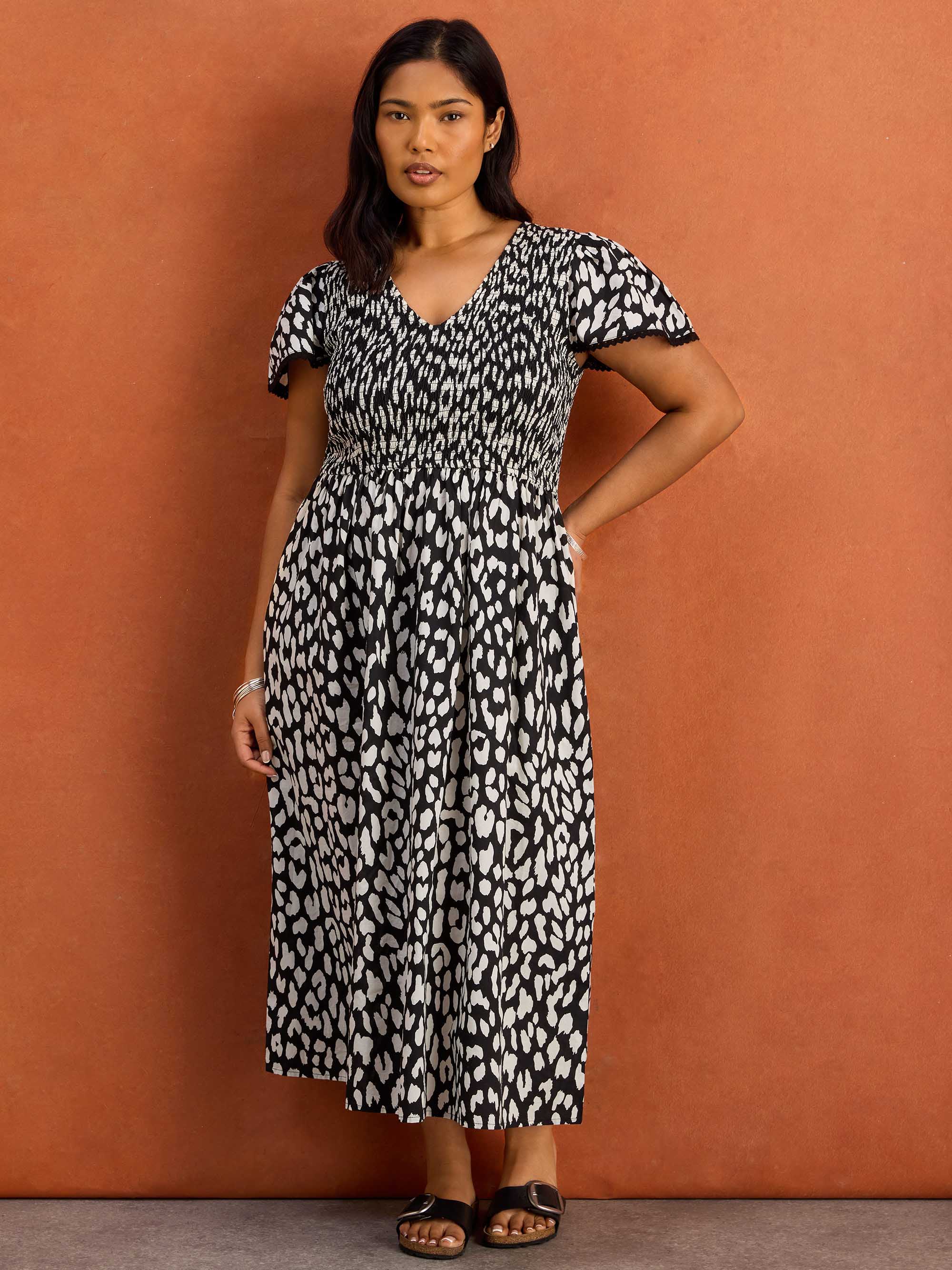 Black Mono Animal Print Shirred Cotton Midi Dress - Image 6