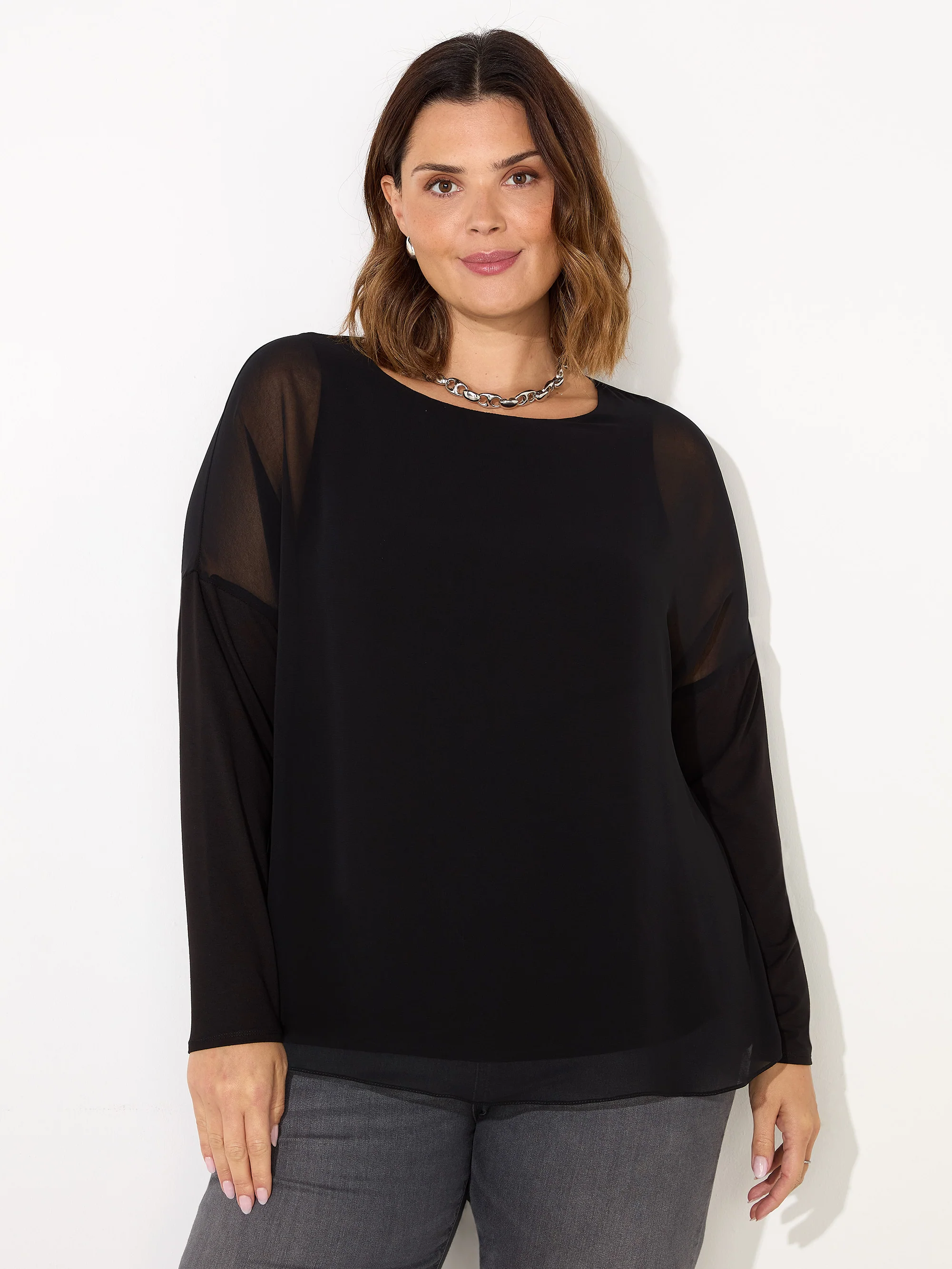 Black Overlay Chiffon Top With Jersey Sleeve - Image 2