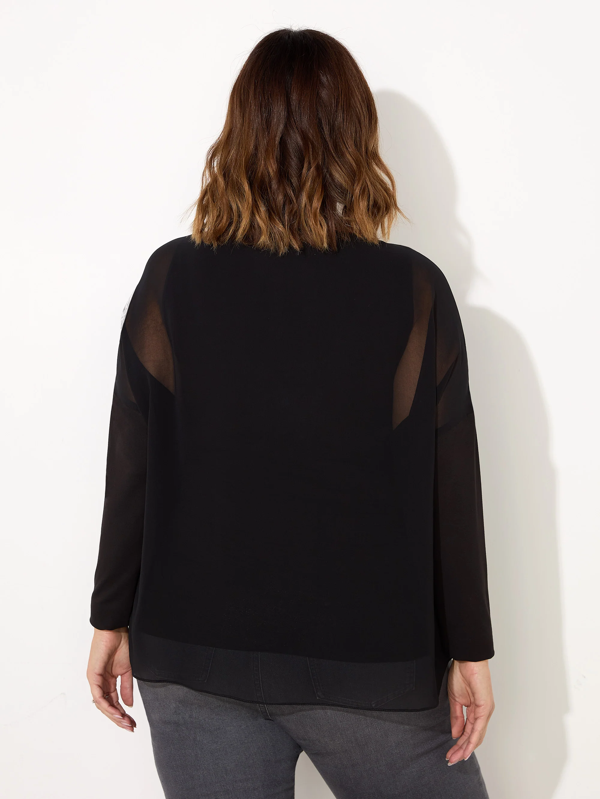 Black Overlay Chiffon Top With Jersey Sleeve - Image 4