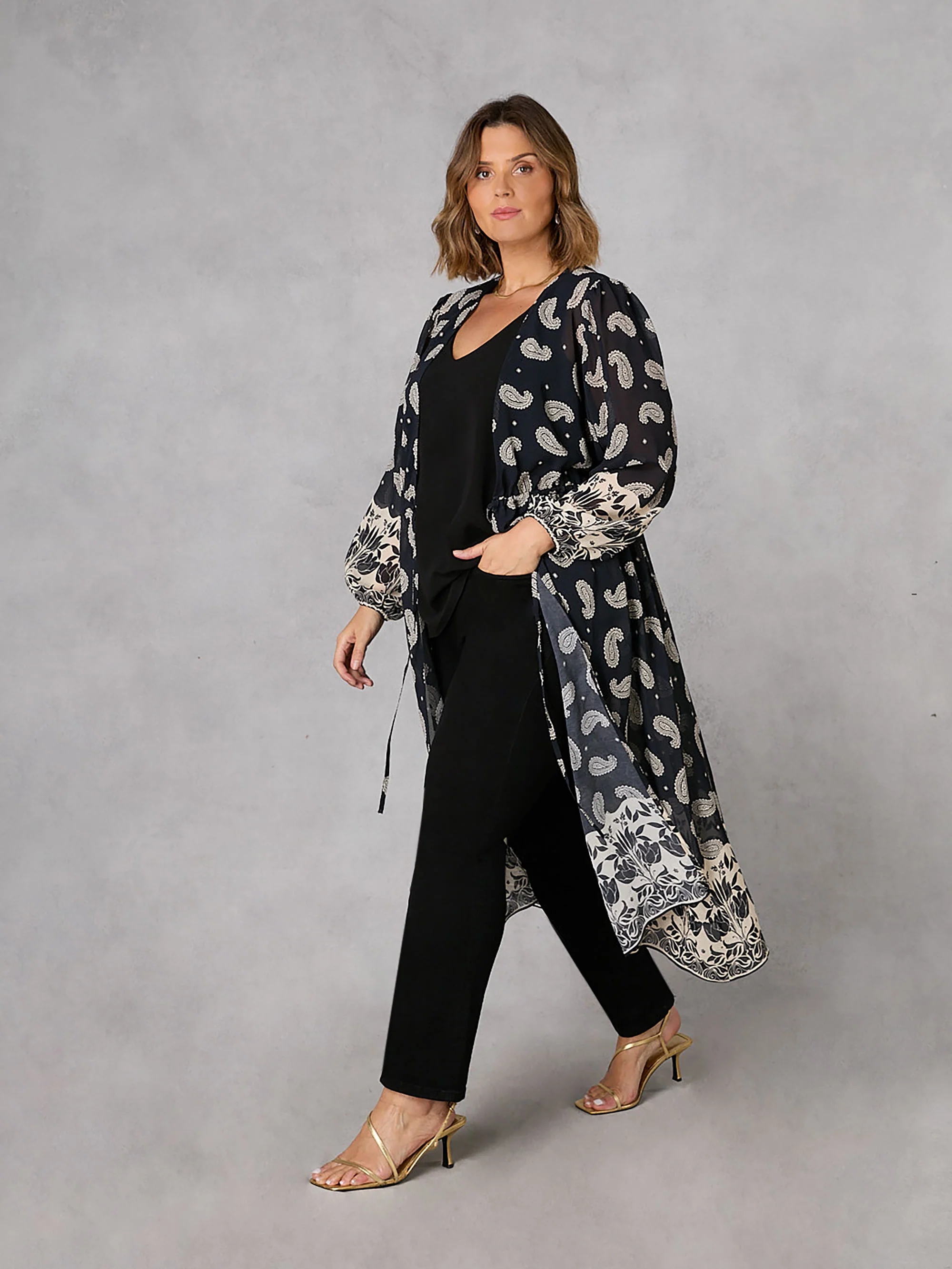 Black Paisley Print Longline Kimono - Image 2