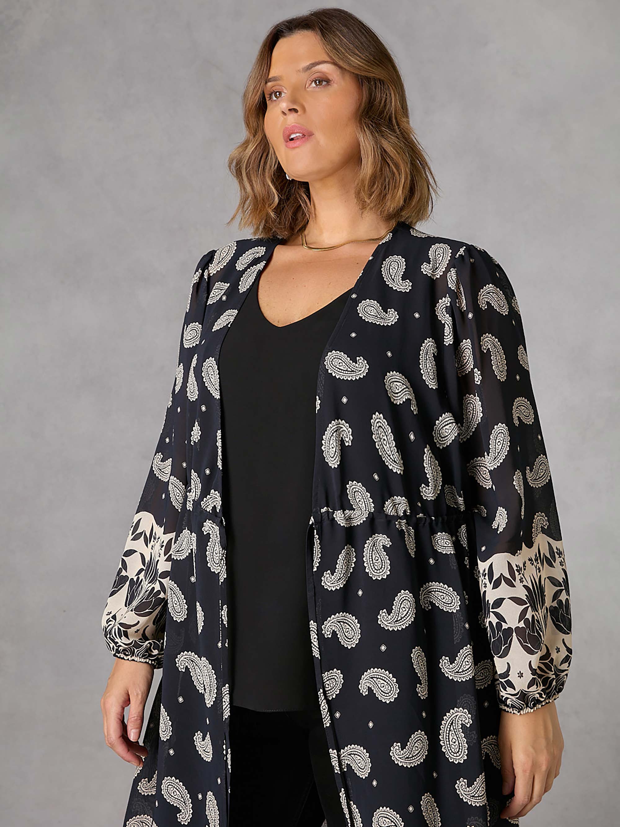 Black Paisley Print Longline Kimono - Image 3