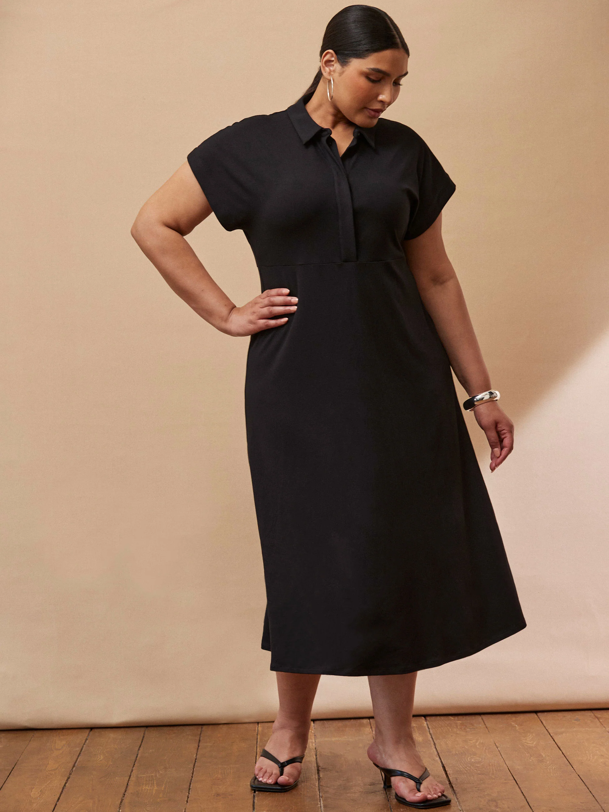 Black Jersey Midi Shirt Dress - Image 2