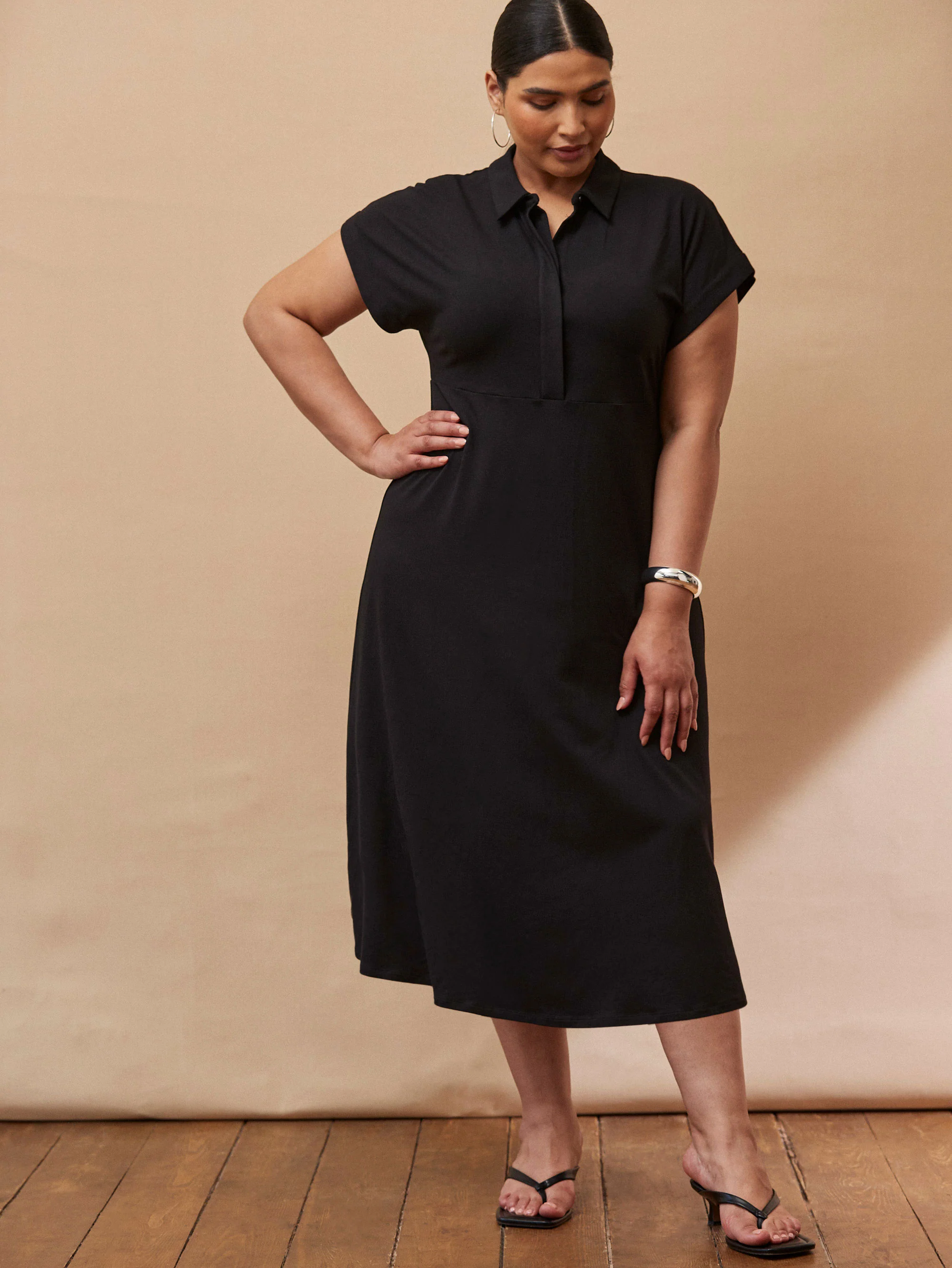Black Jersey Midi Shirt Dress - Image 3