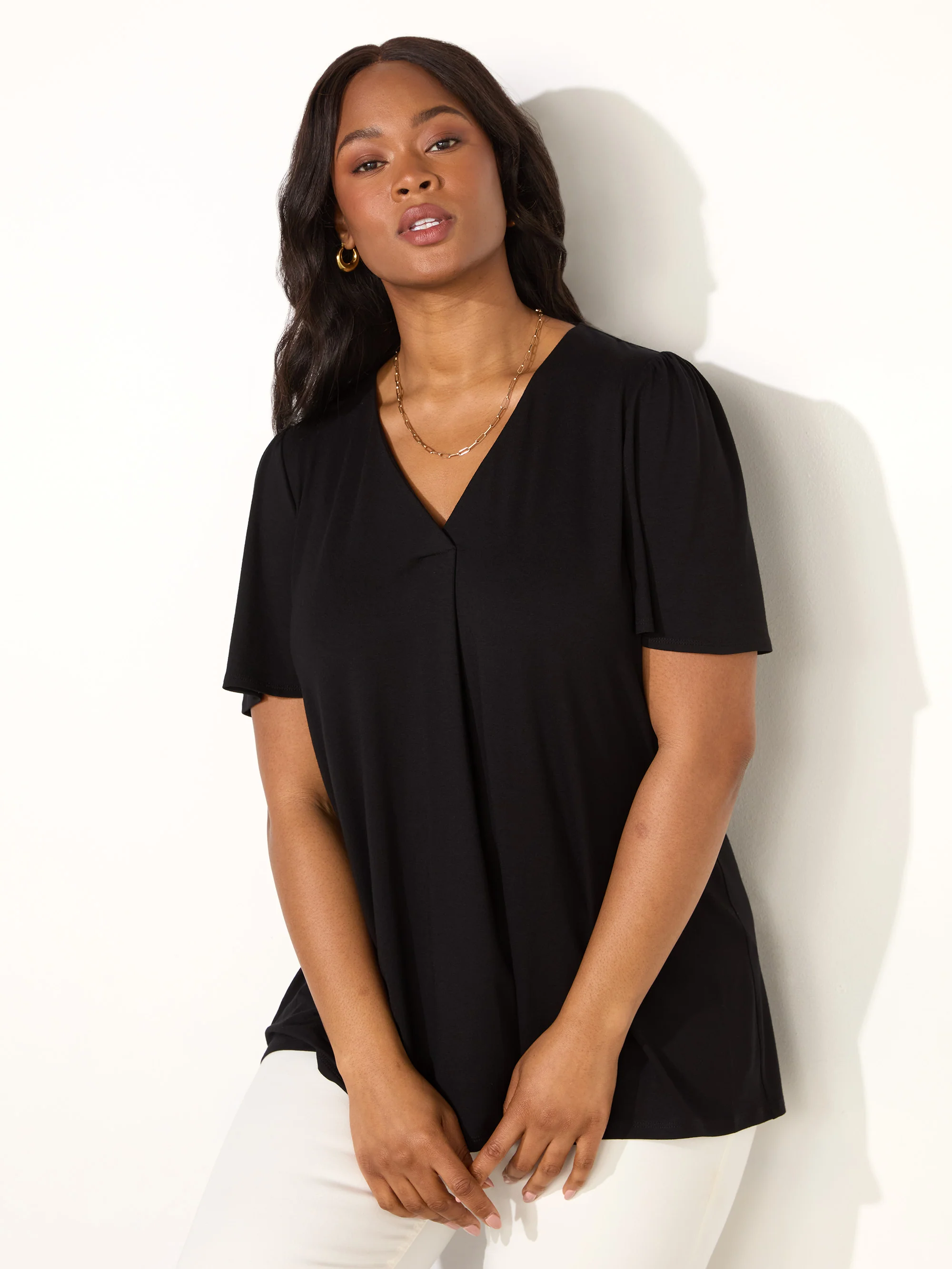 Black Print Pleat Front Flutter Sleeve Top - Image 2