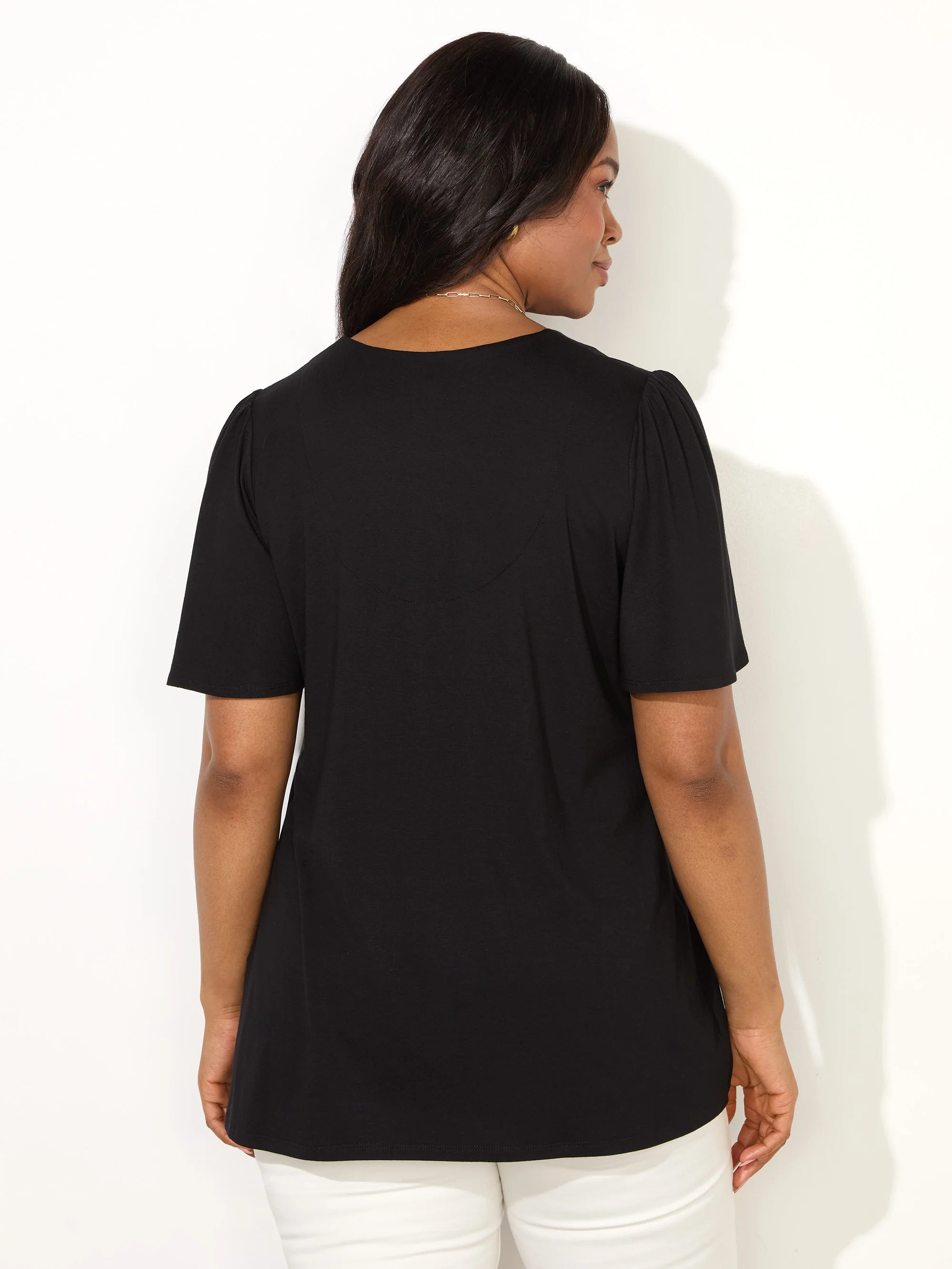 Black Print Pleat Front Flutter Sleeve Top - Image 3