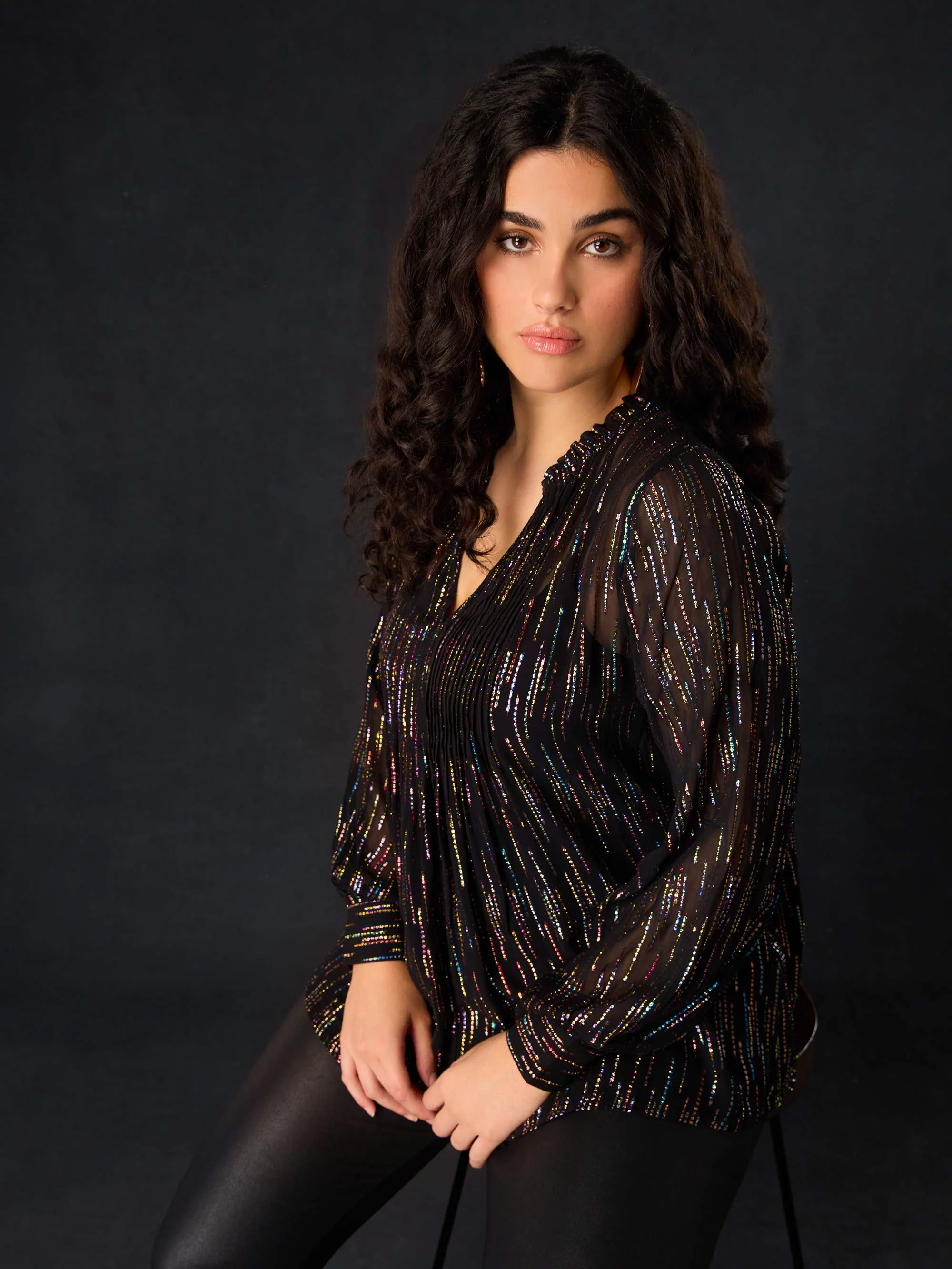 Black Rainbow Metallic Pin Tuck Blouse - Image 2