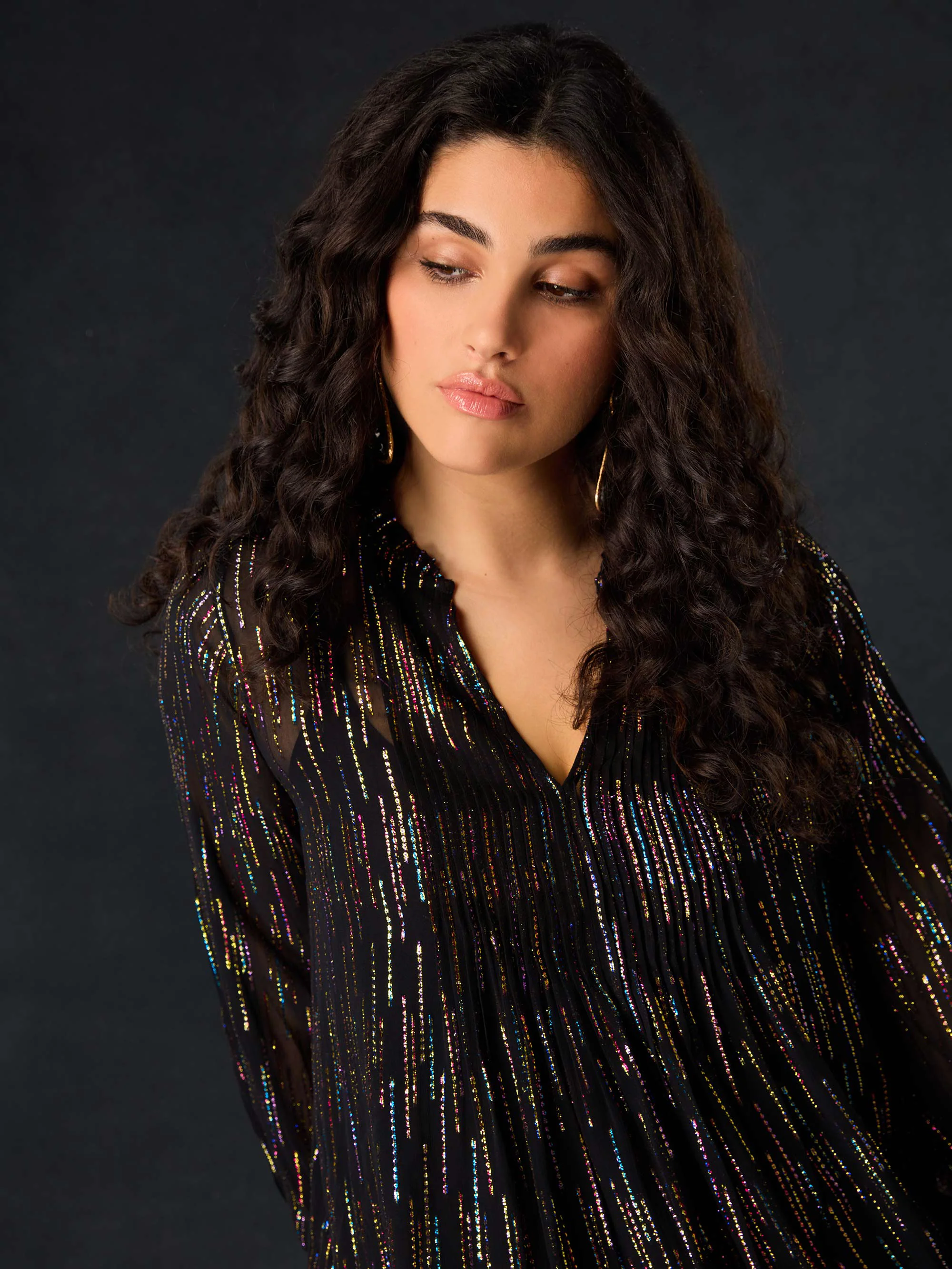 Black Rainbow Metallic Pin Tuck Blouse - Image 3