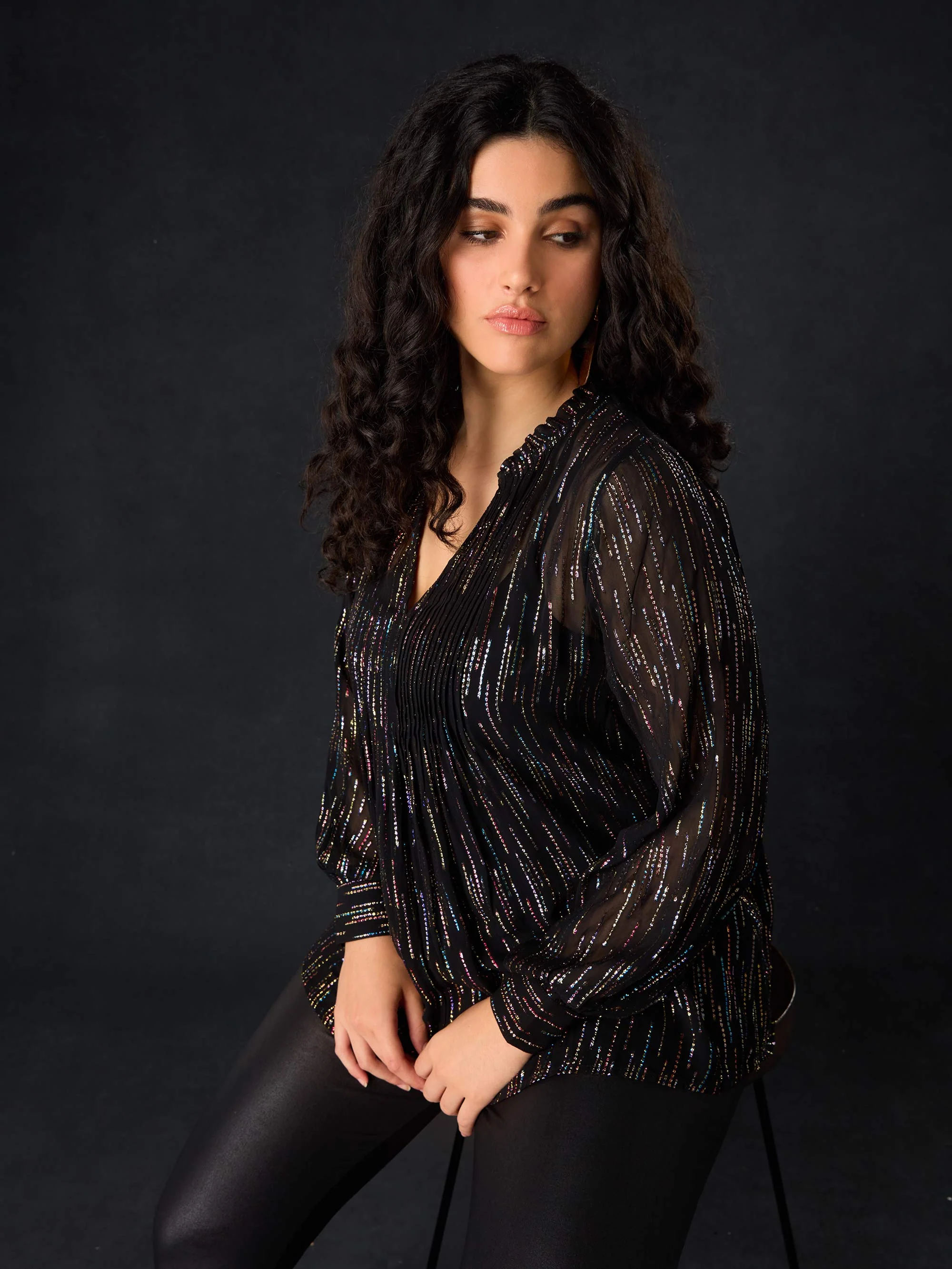 Black Rainbow Metallic Pin Tuck Blouse - Image 5
