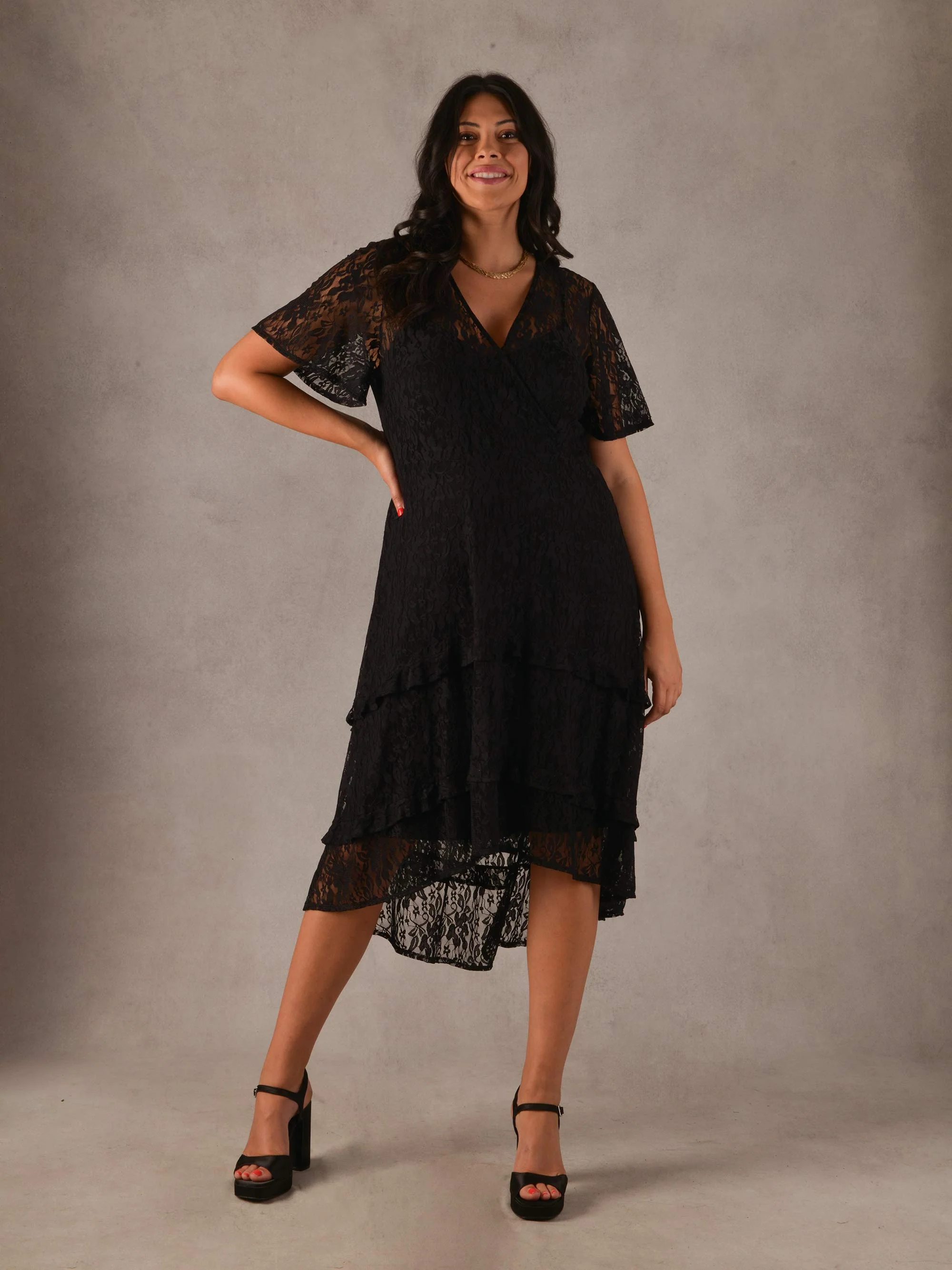 Black Ruffle Stretch Lace Midaxi Dress - Image 2