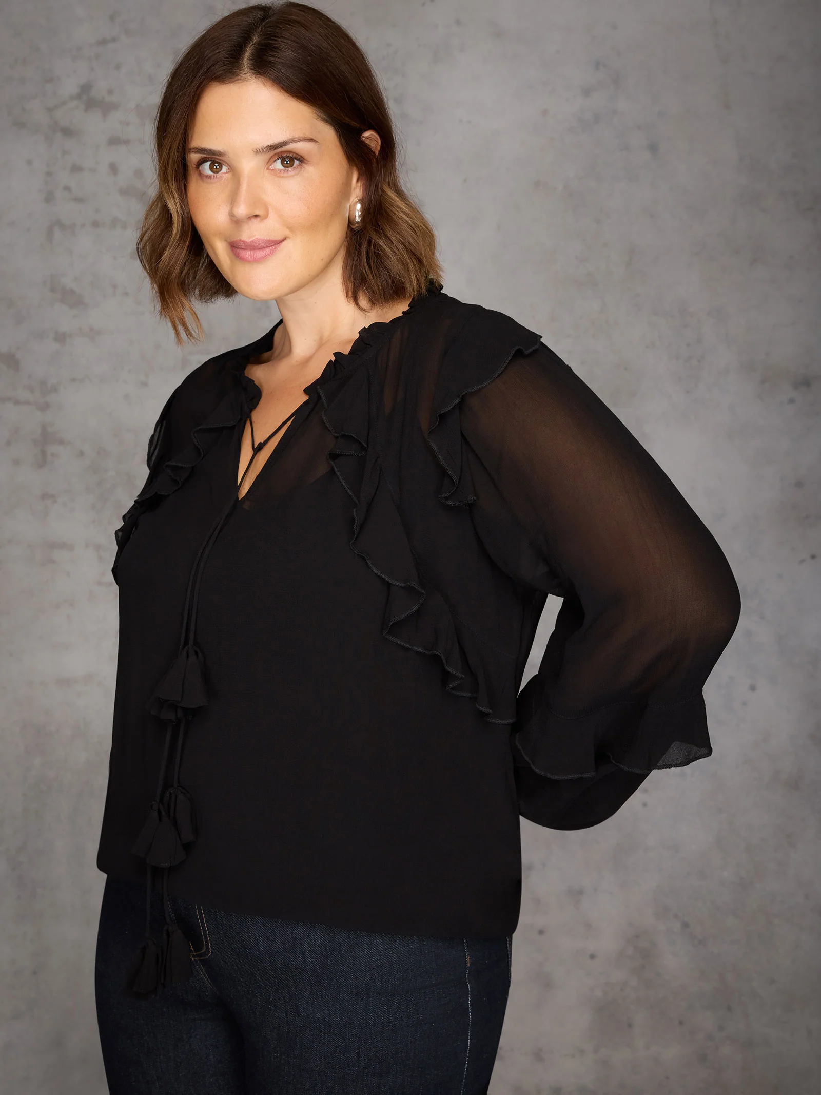 Black Ruffle Tie Neck Blouse - Image 3