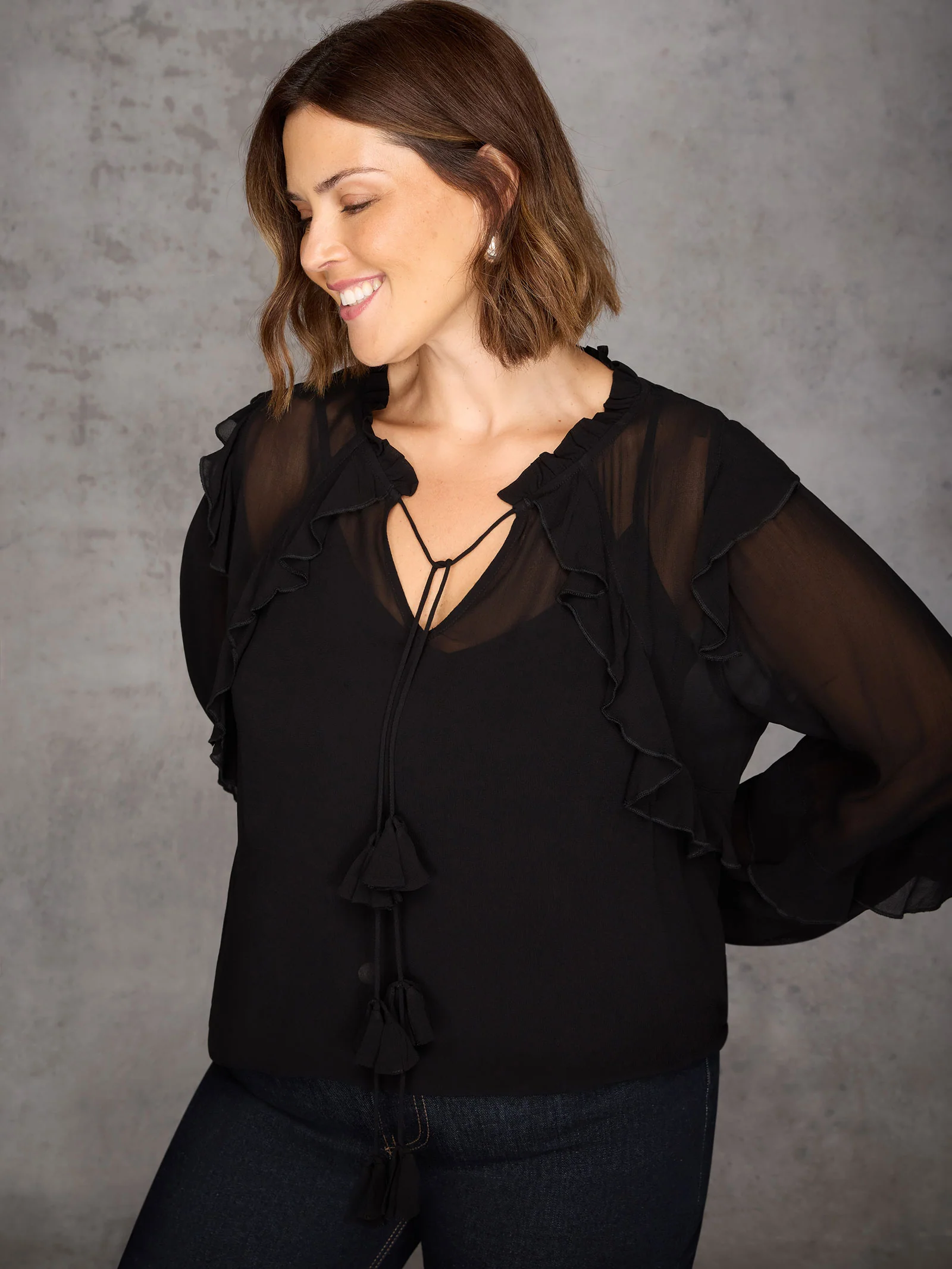 Black Ruffle Tie Neck Blouse - Image 4