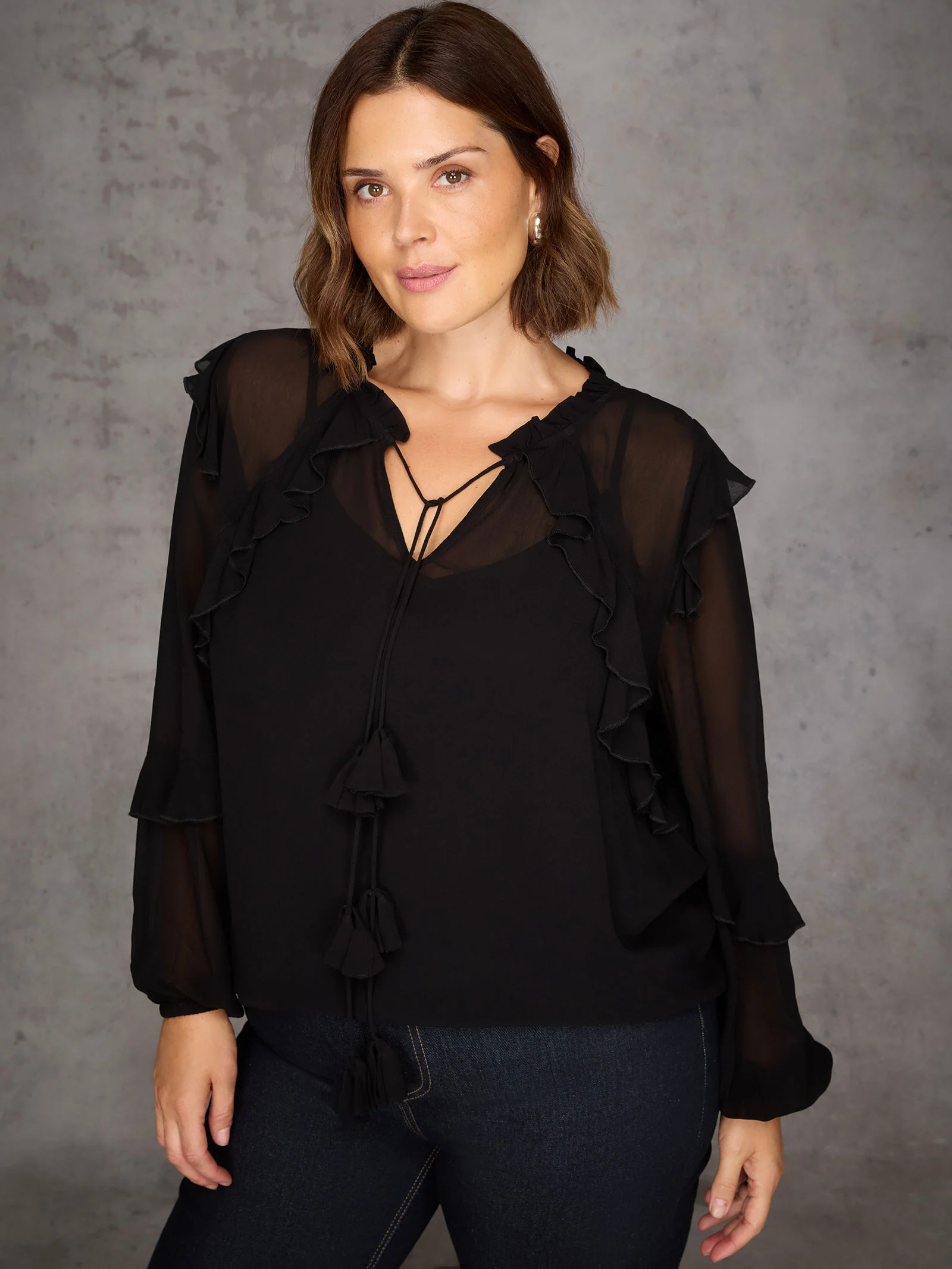 Black Ruffle Tie Neck Blouse - Image 5