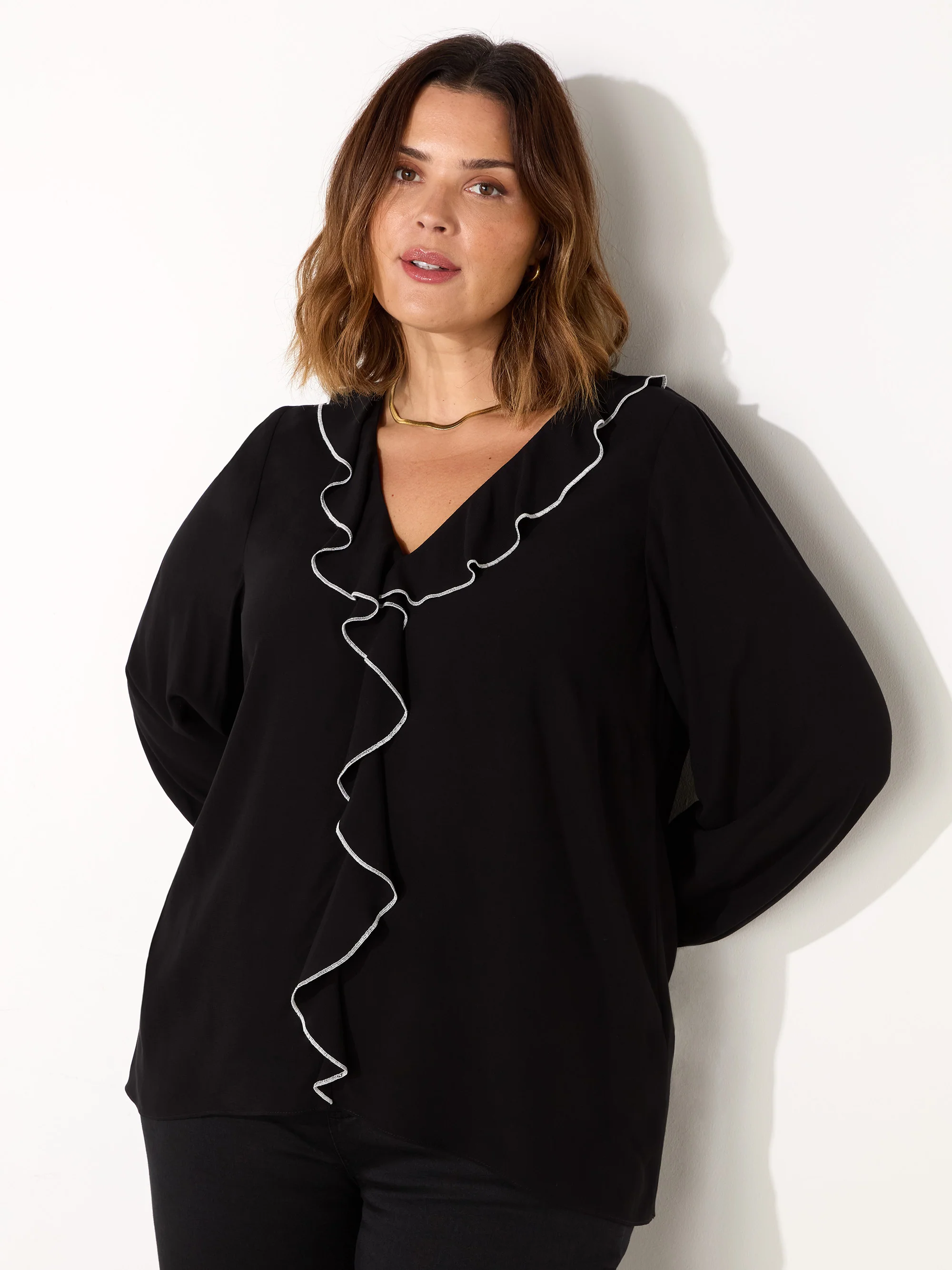 Black Ruffle Top With Contrast Stitching - Image 2