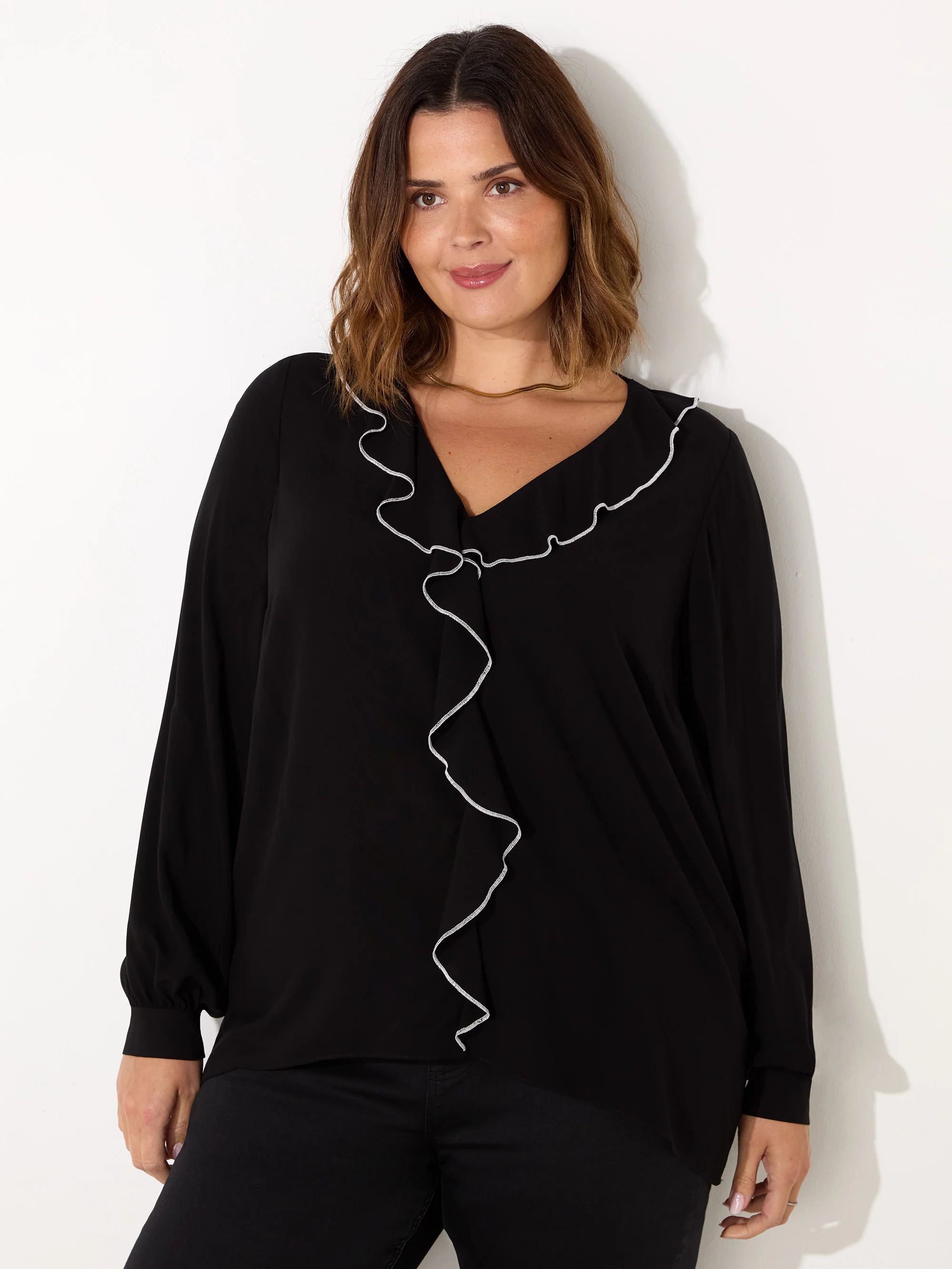 Black Ruffle Top With Contrast Stitching - Image 3