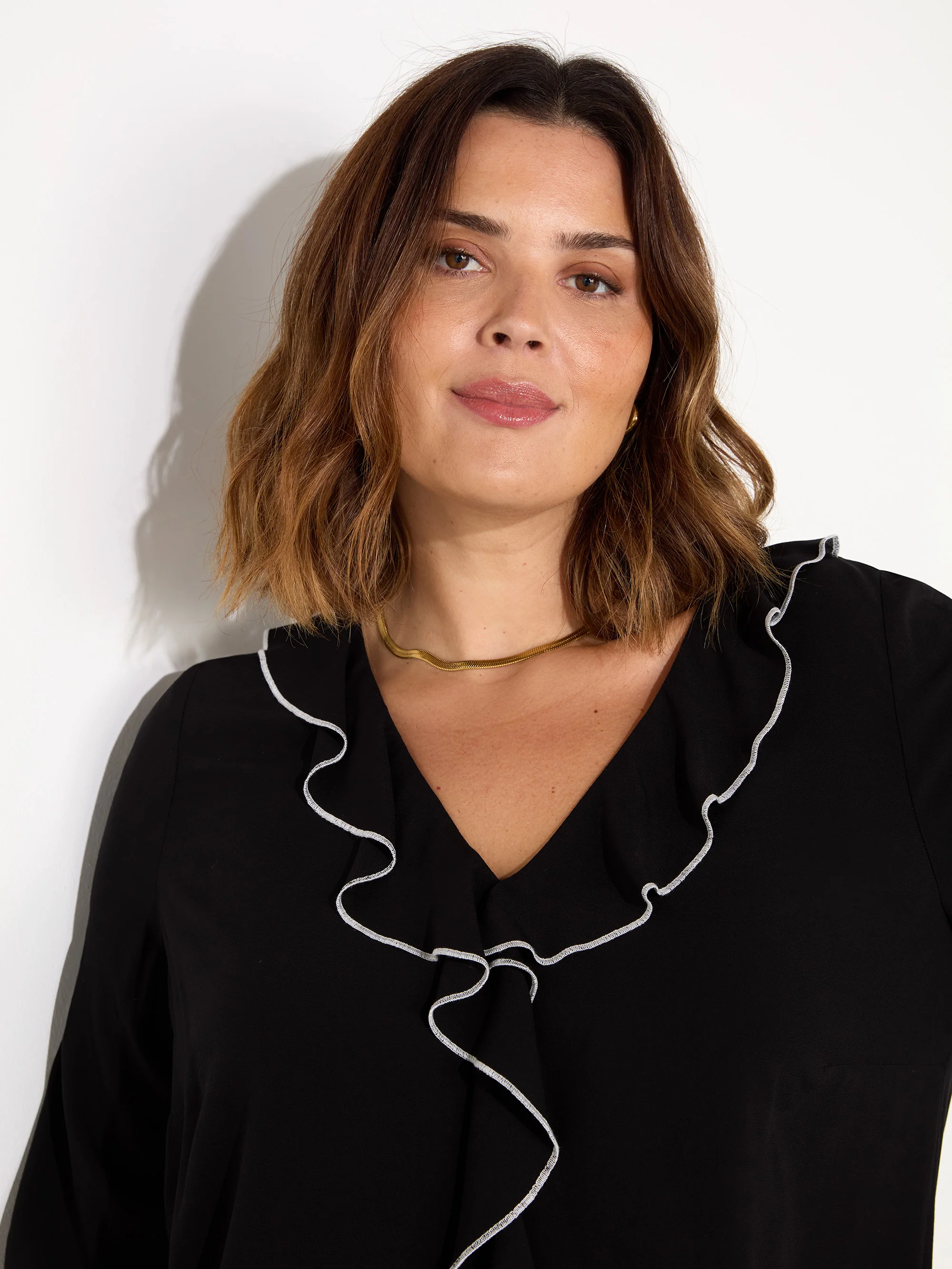 Black Ruffle Top With Contrast Stitching - Image 4