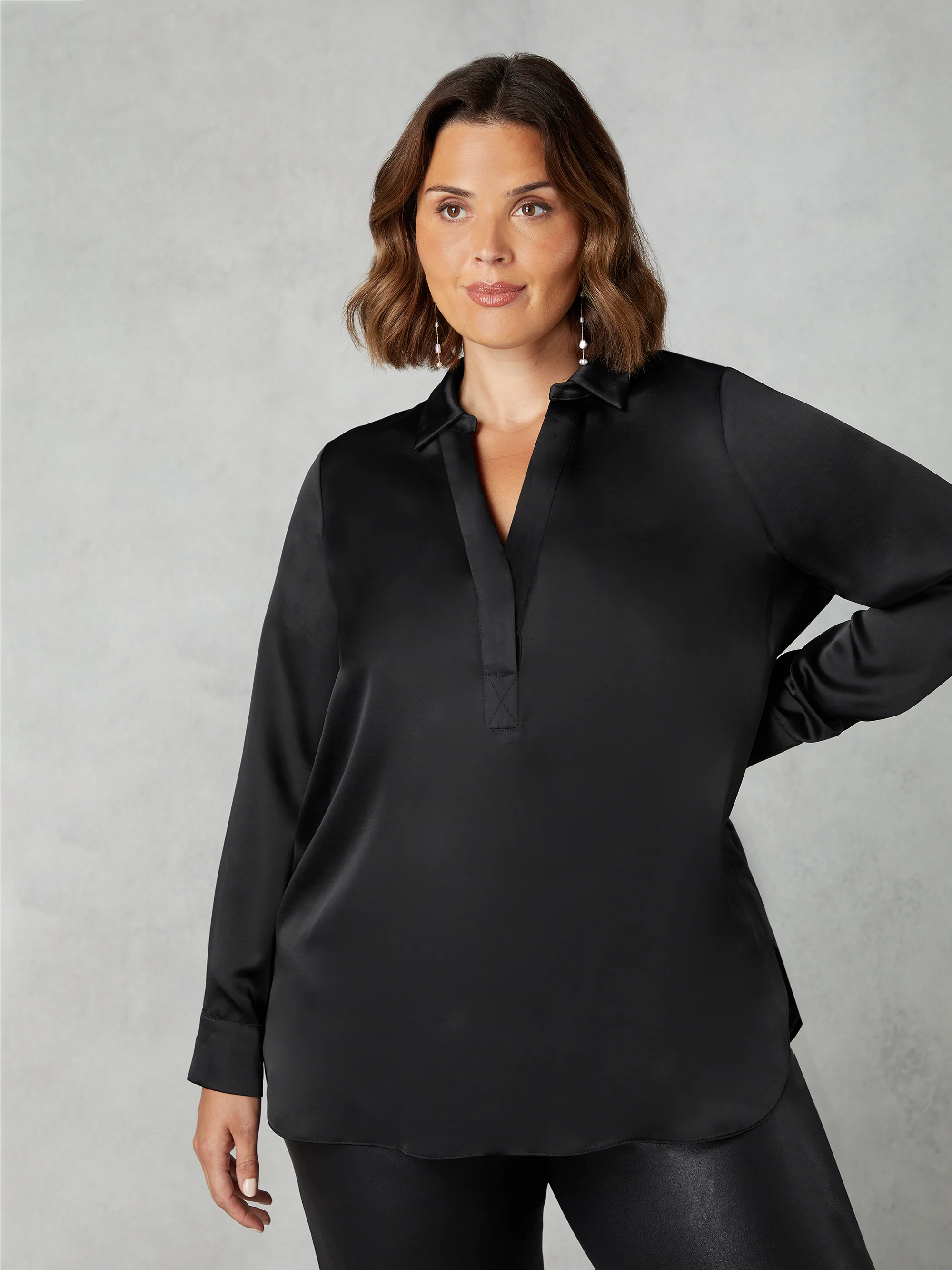 Black Satin Placket Front Shirt - Image 2
