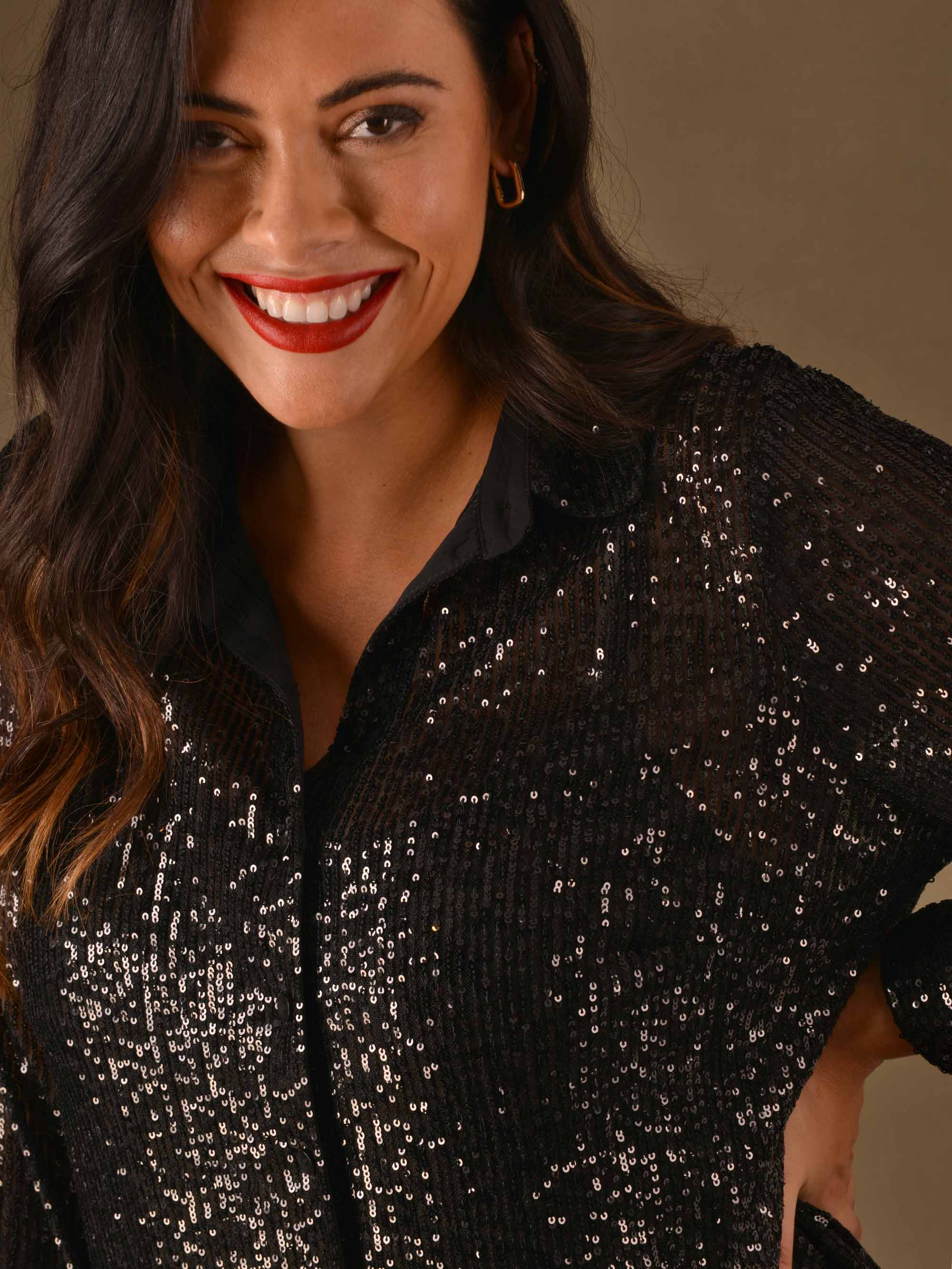 Black Sequin Longline Shirt - Image 3