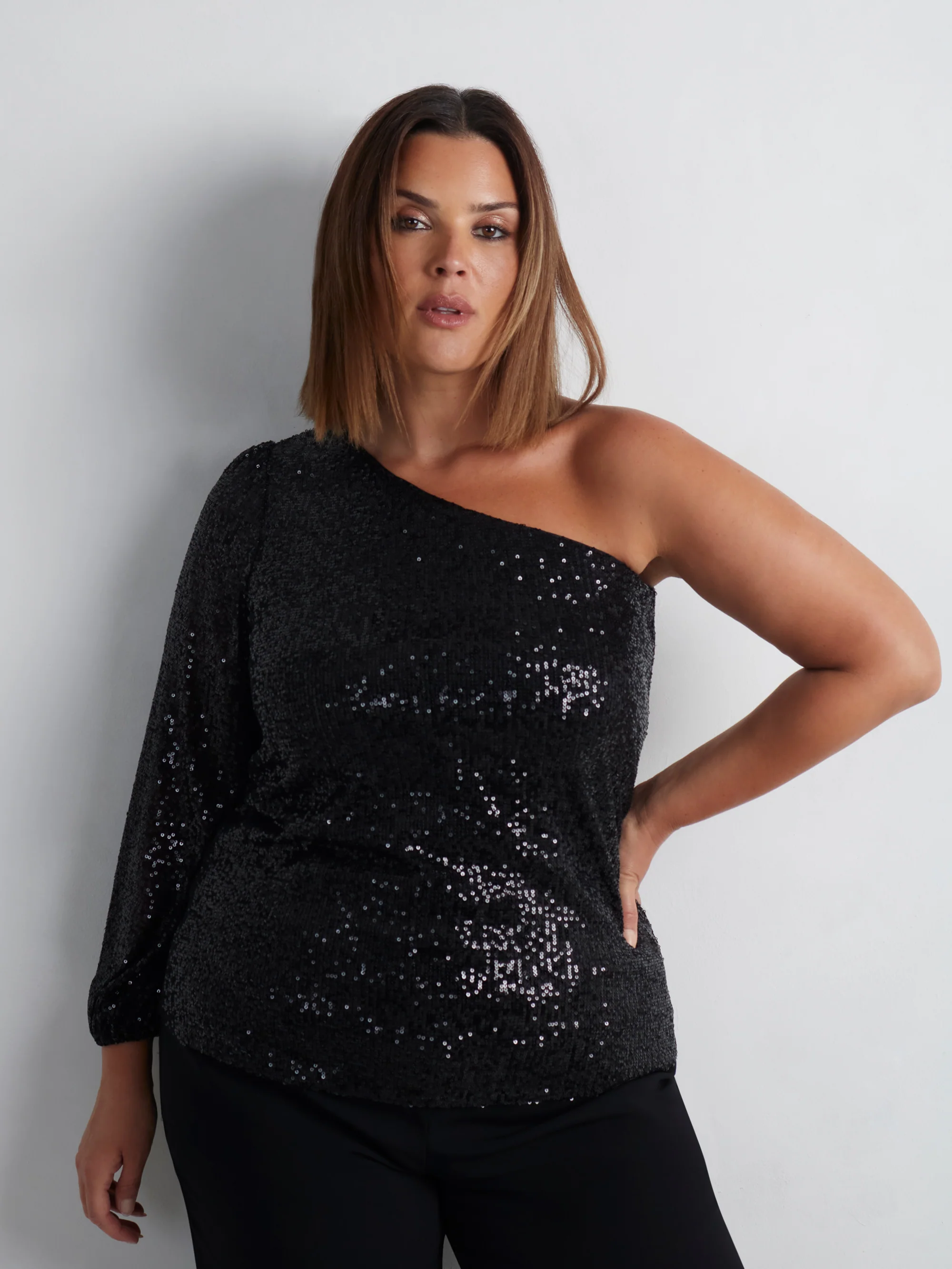 Black Sequin One Shoulder Top - Image 3