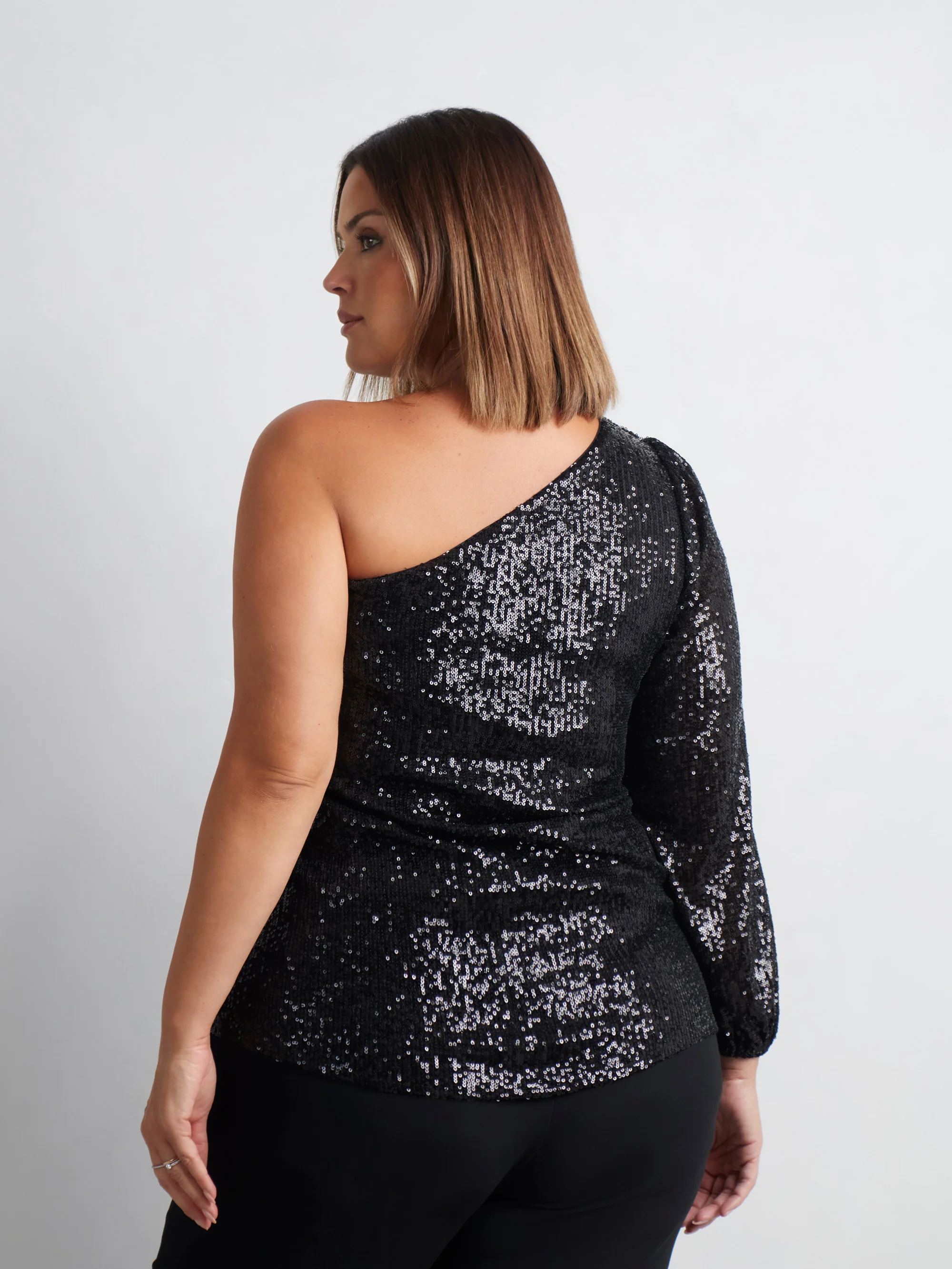 Black Sequin One Shoulder Top - Image 6