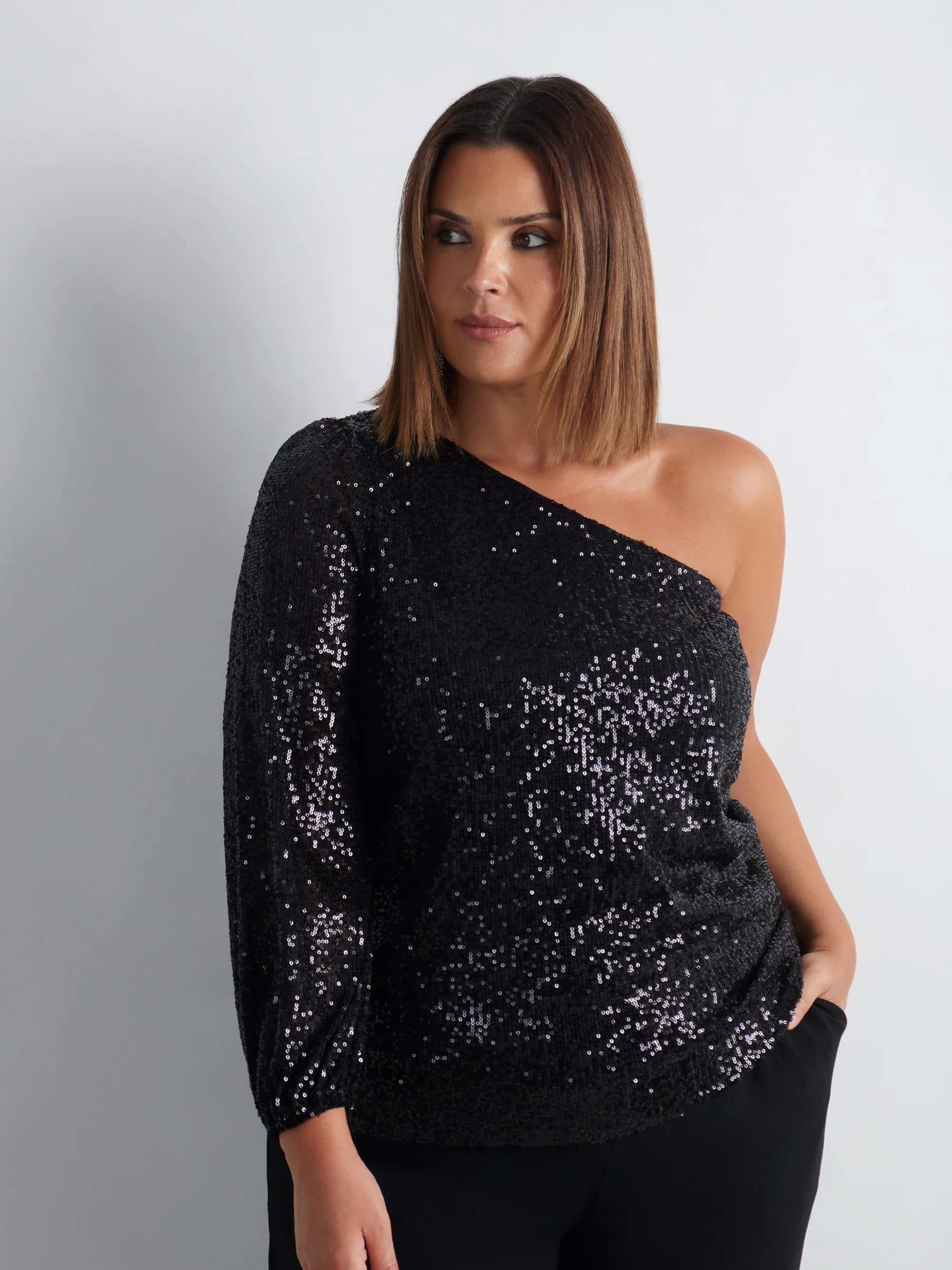 Black Sequin One Shoulder Top - Image 7