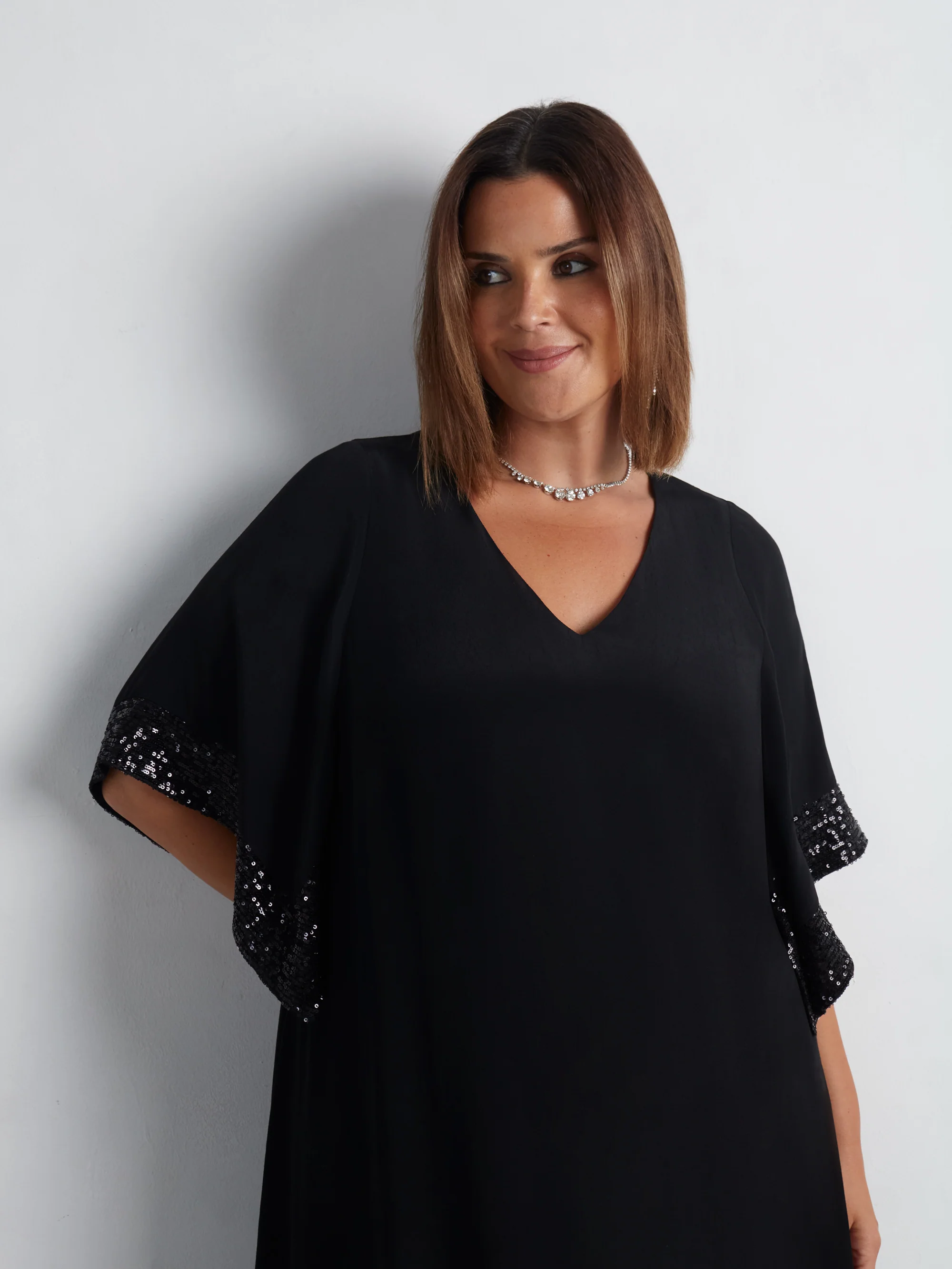 Black Sequin Trim Angel Sleeve Dress - Image 11