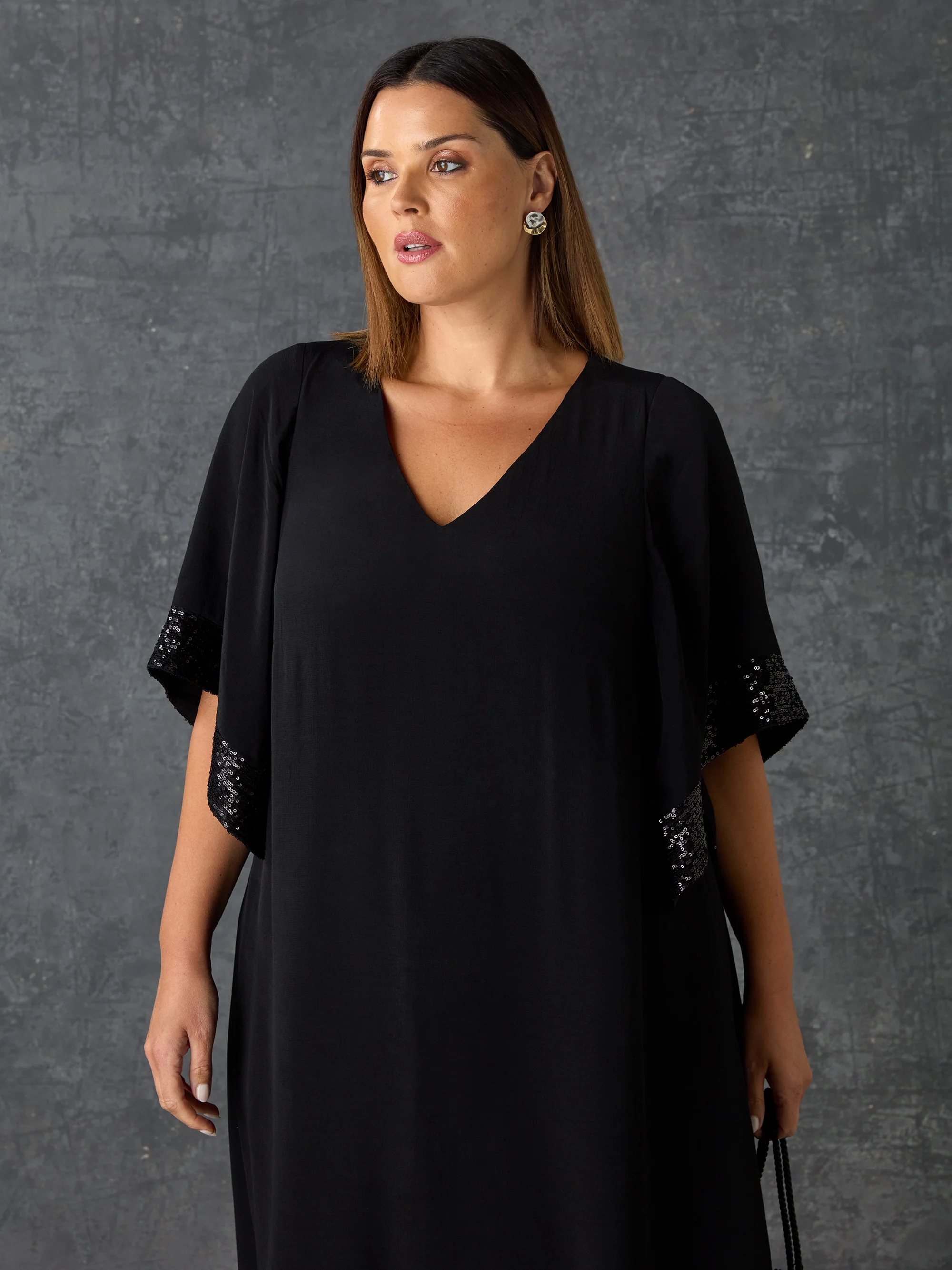 Black Sequin Trim Angel Sleeve Dress - Image 2