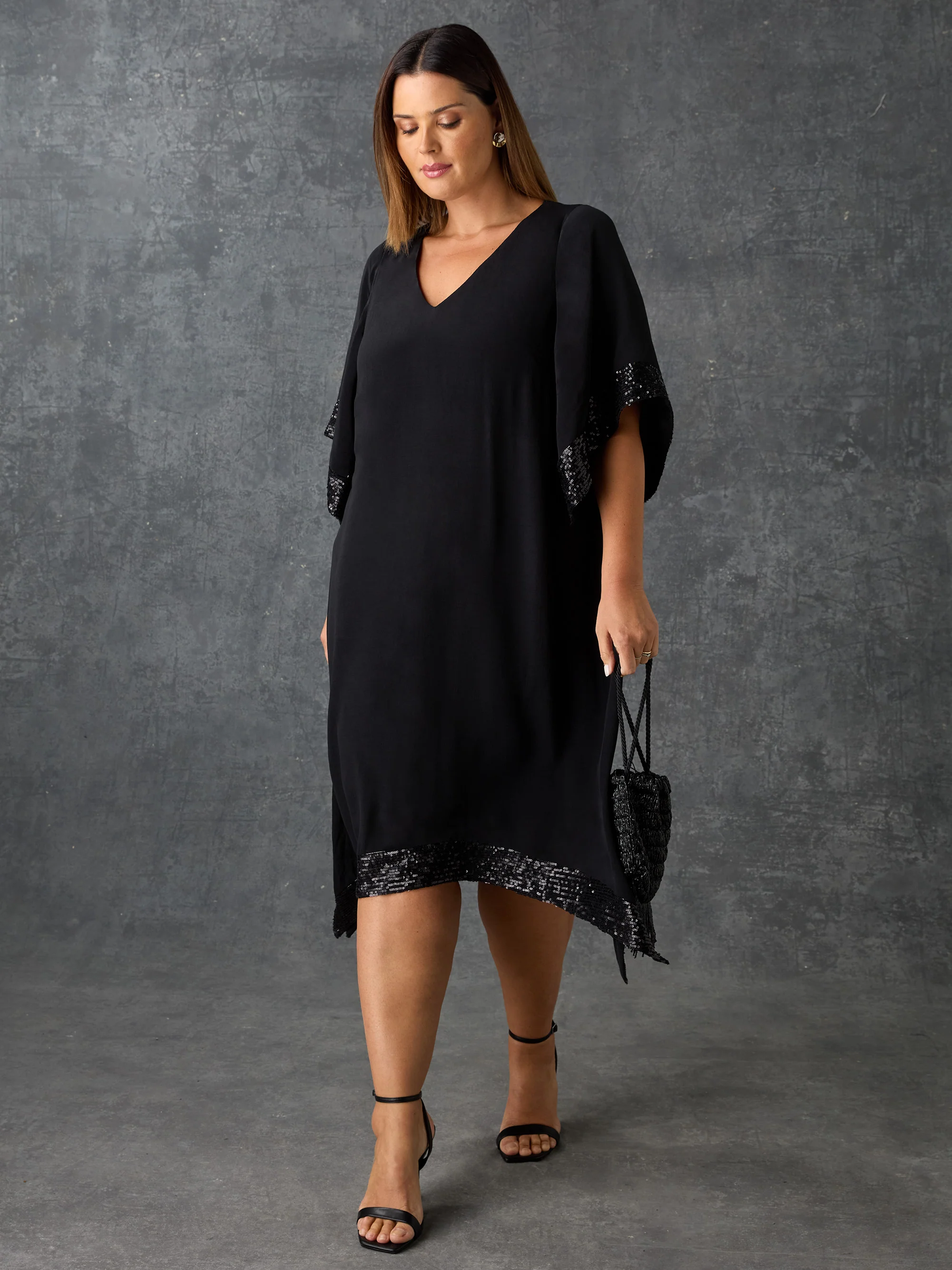 Black Sequin Trim Angel Sleeve Dress - Image 3