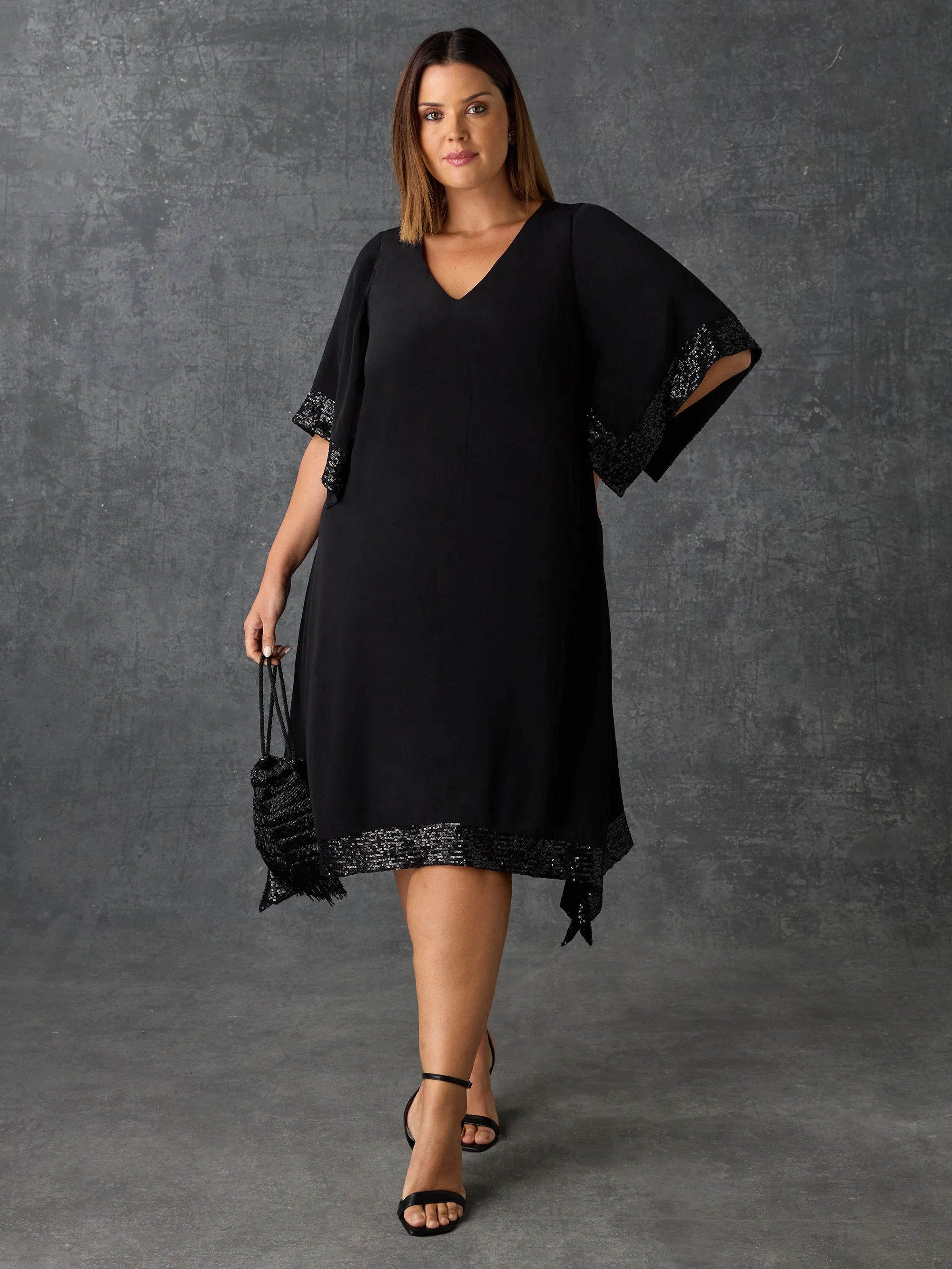 Black Sequin Trim Angel Sleeve Dress - Image 4