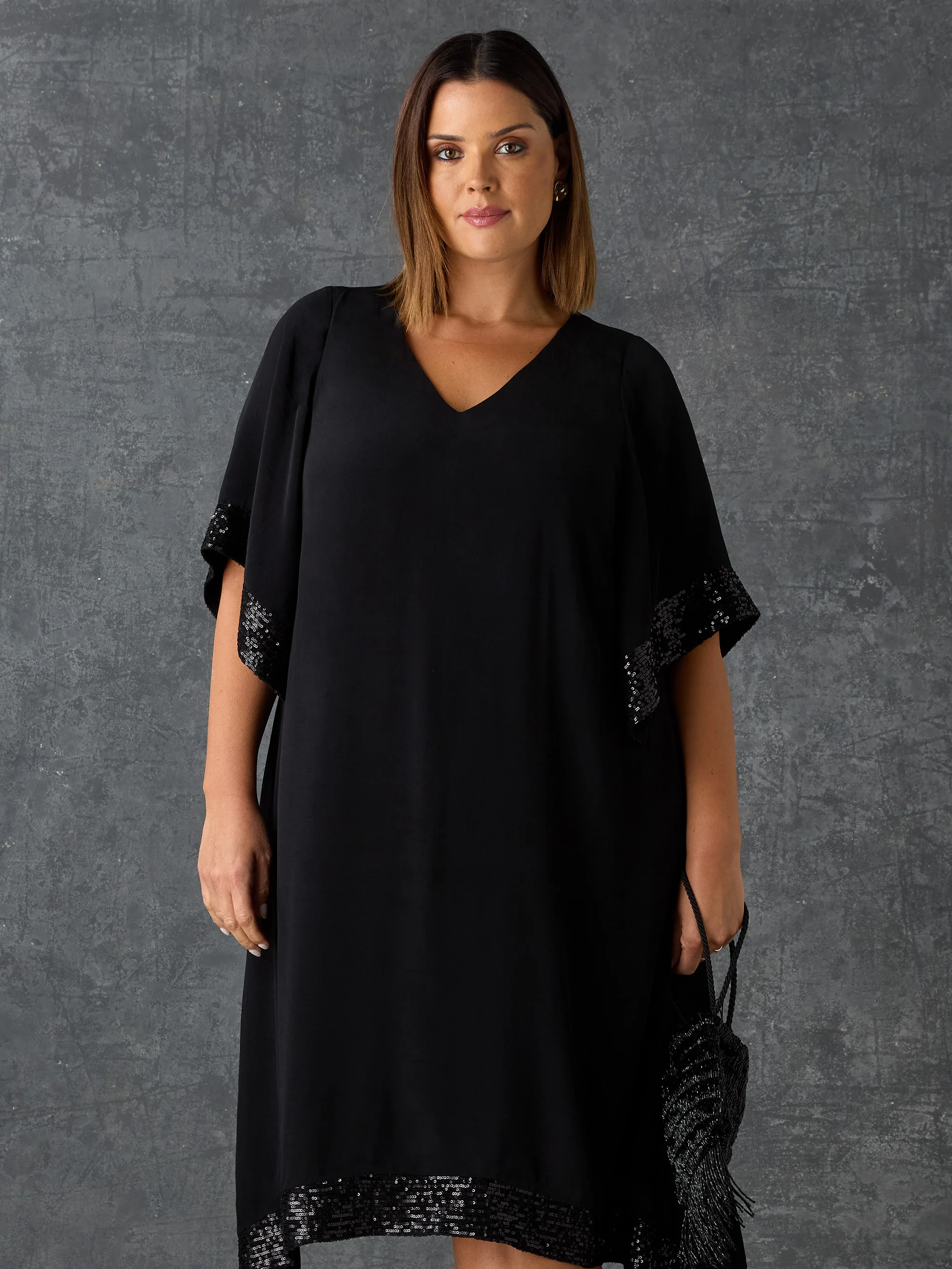 Black Sequin Trim Angel Sleeve Dress - Image 5