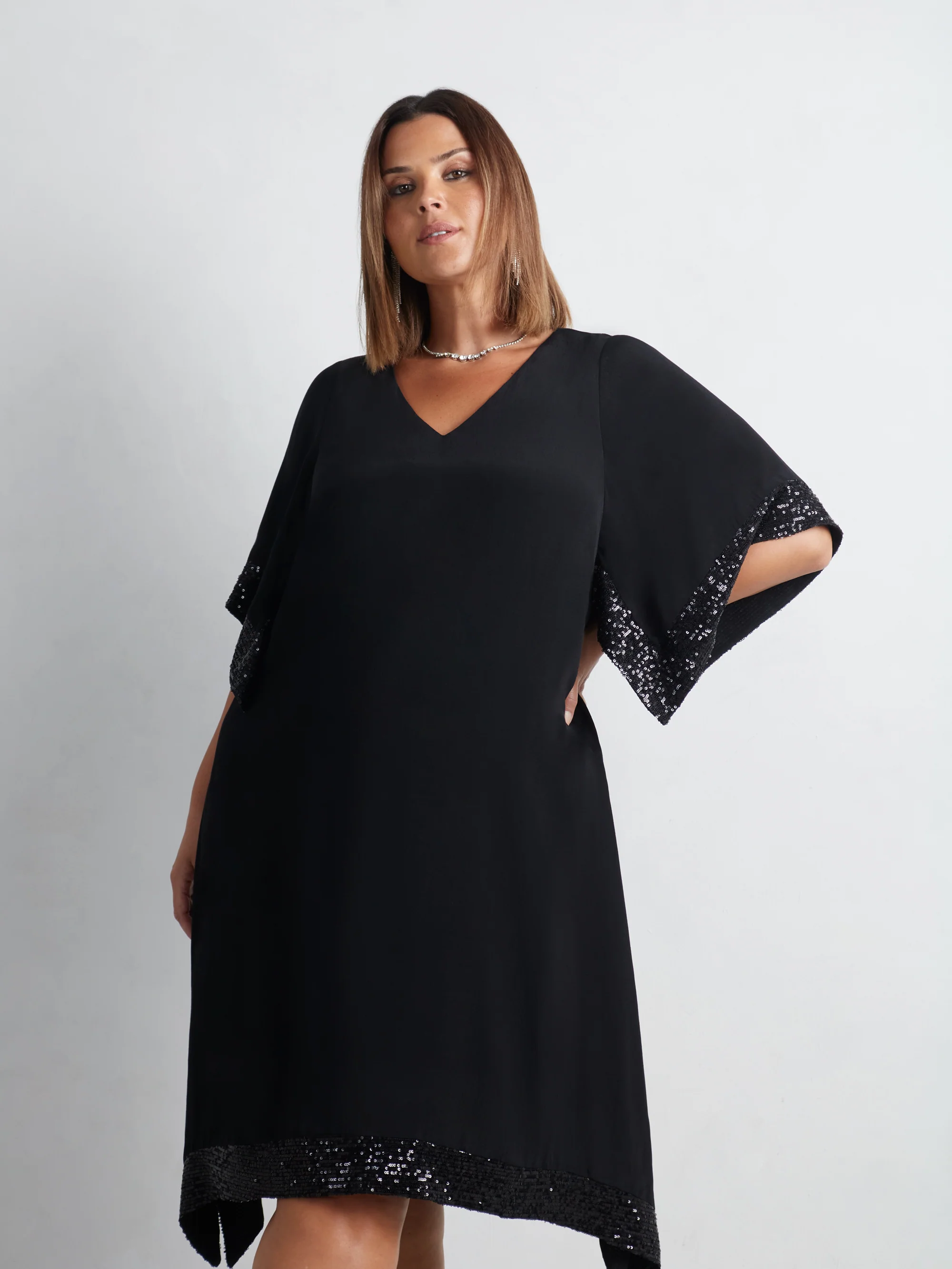 Black Sequin Trim Angel Sleeve Dress - Image 6