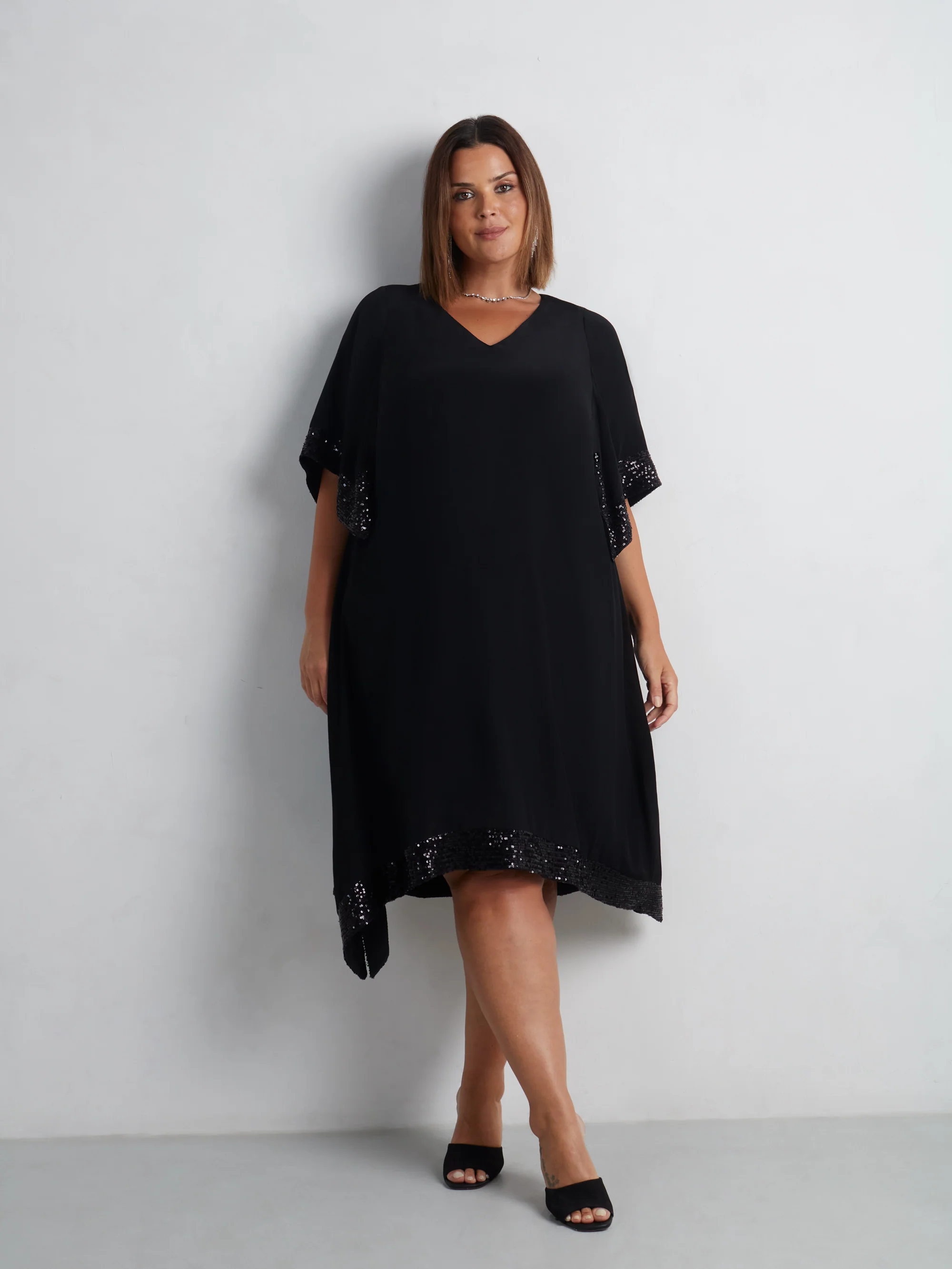 Black Sequin Trim Angel Sleeve Dress - Image 7