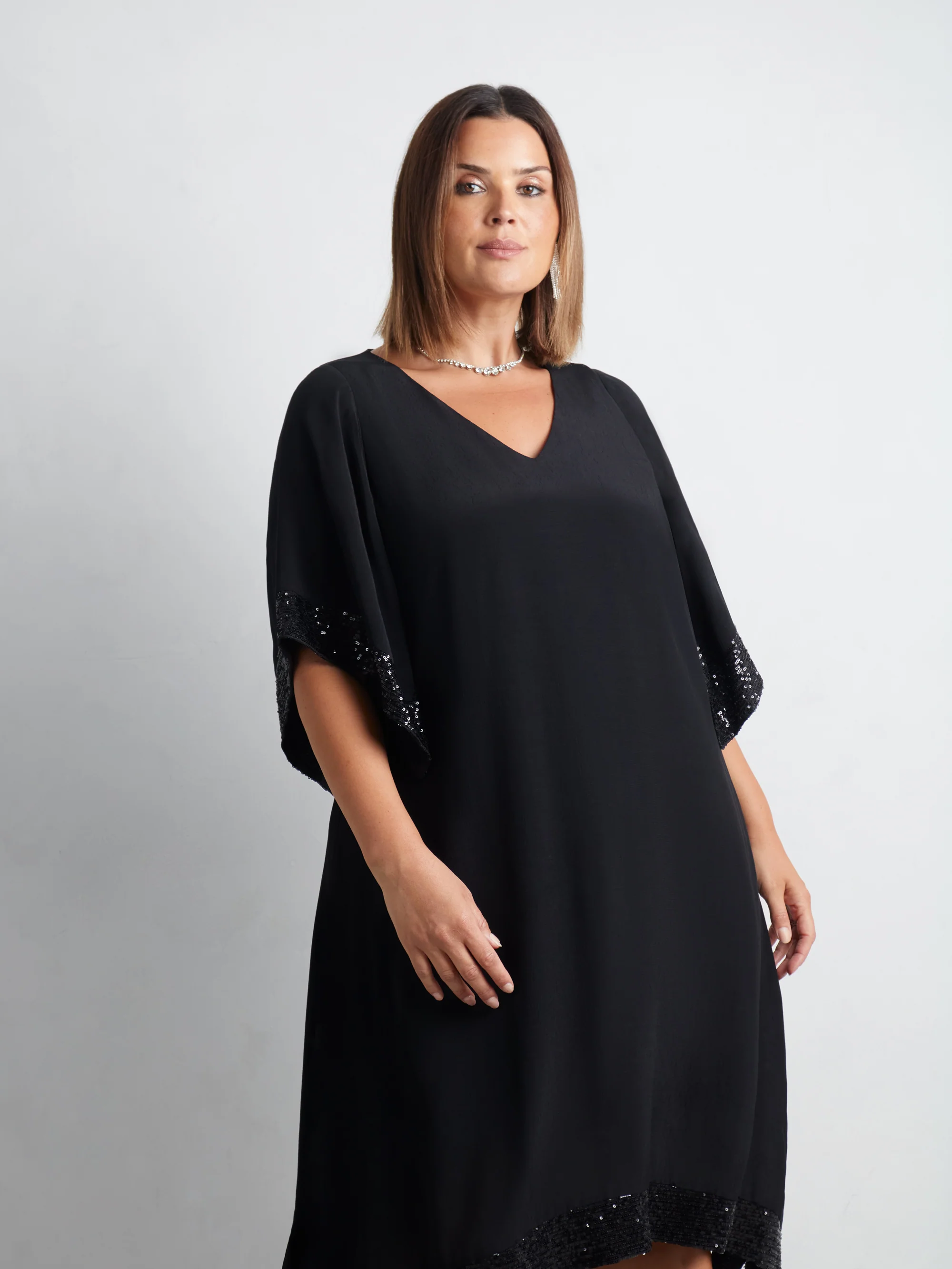 Black Sequin Trim Angel Sleeve Dress - Image 8