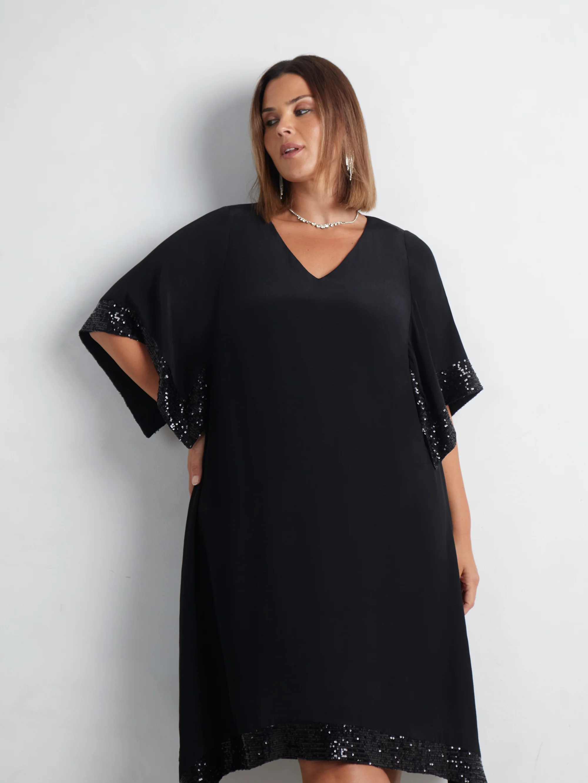 Black Sequin Trim Angel Sleeve Dress - Image 9