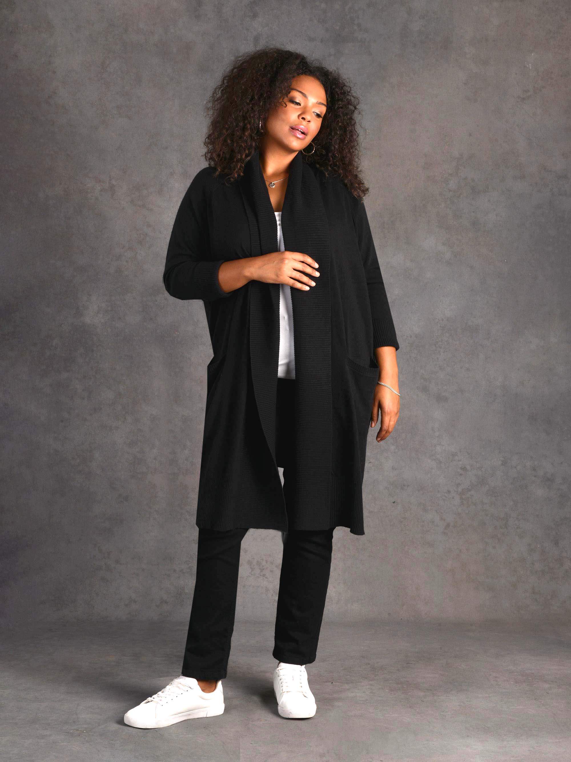 Black Shawl Textured Knitted Cardigan - Image 2