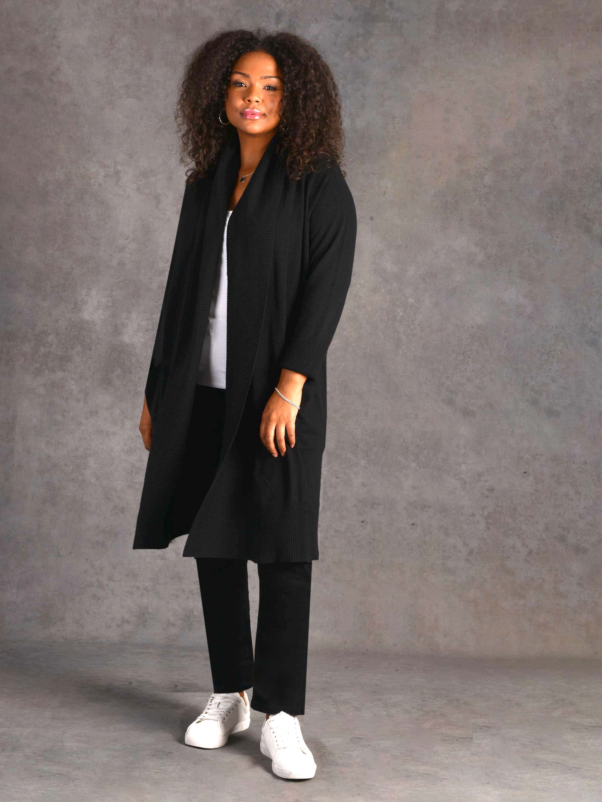 Black Shawl Textured Knitted Cardigan - Image 3