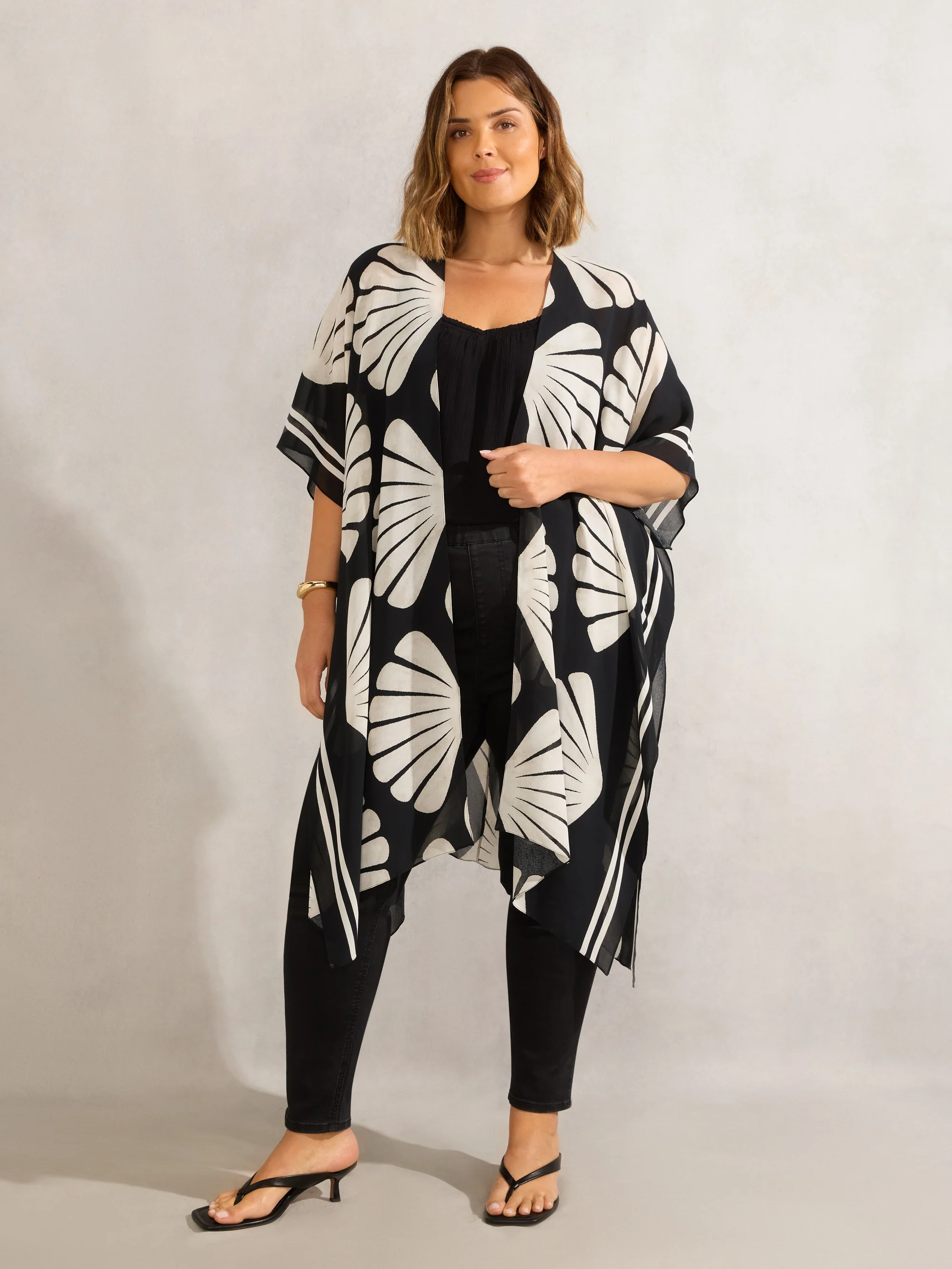 Black Shell Print Longline Kimono - Image 3